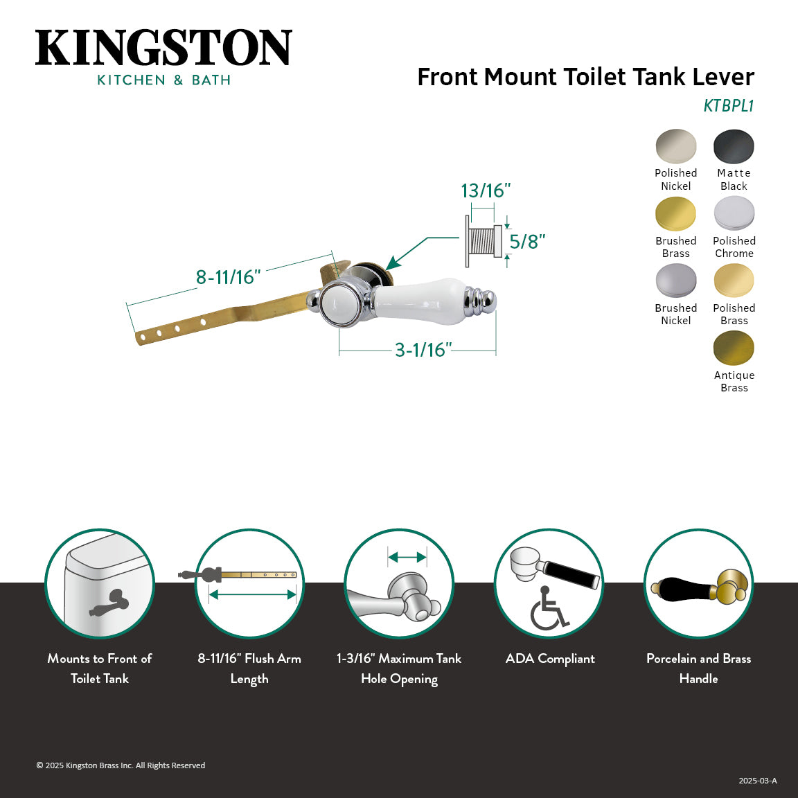 Bel Air KTBPL0 Front Mount Toilet Tank Lever in Matte Black - Durable Replacement Flush Handle for Bathroom Toilet Repair and Upgrade