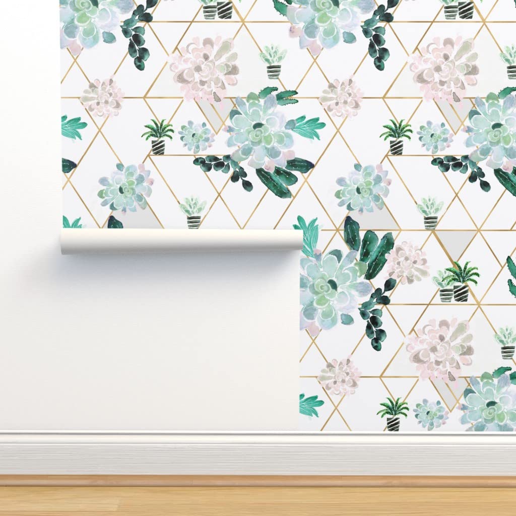Premium Commercial Grade Wallpaper - 27ft x 2ft Succulent & Cactus Design, Green Greenhouse Geo Mod Traditional Pattern by Spoonflower | Perfect for Home Decor, Office, Nursery & DIY Projects