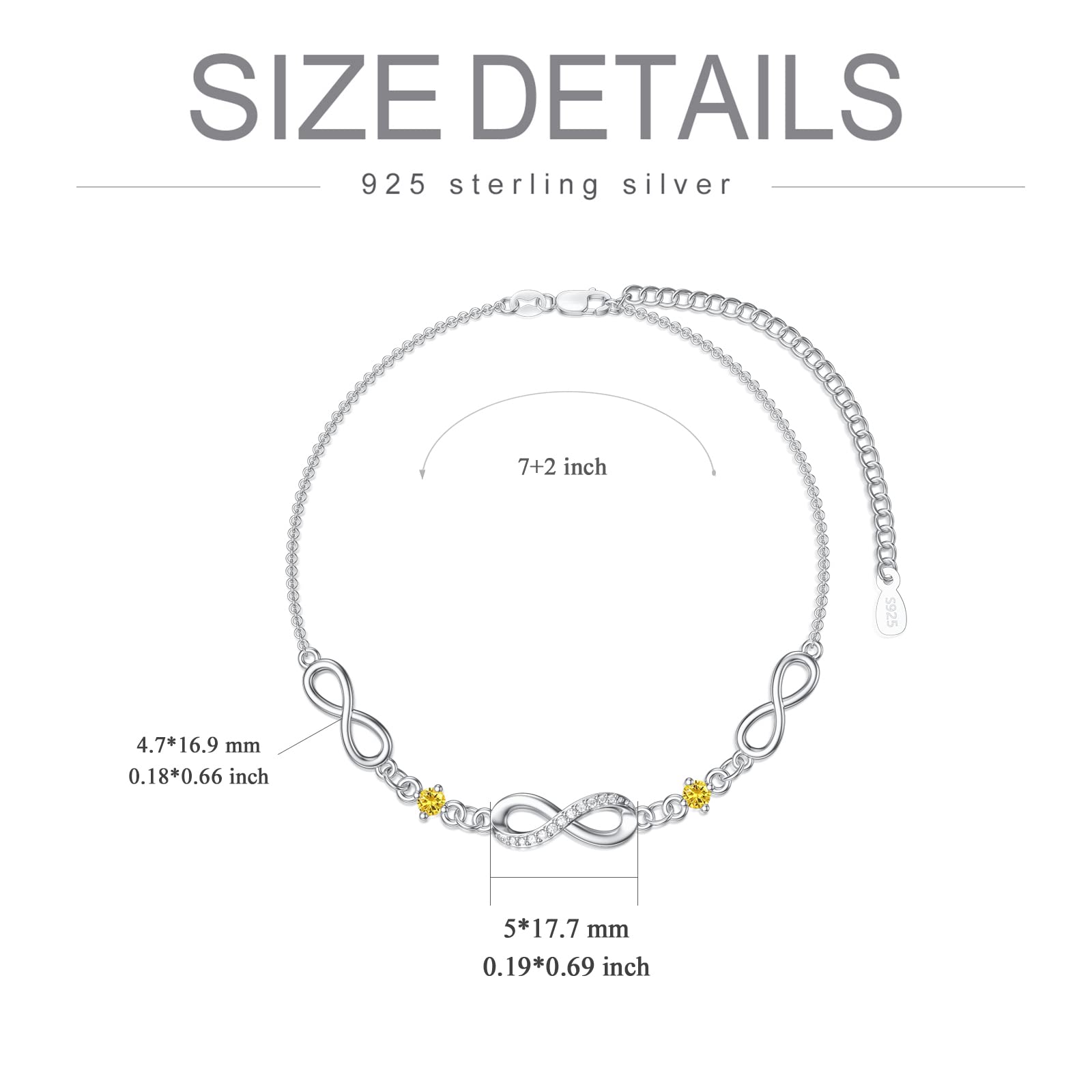 Infinity Bracelet for Women - 925 Sterling Silver Adjustable Birthstone Charm Link Bracelet - Christmas, Birthday Gift for Wife, Mom, Her - Perfect for Holidays, Anniversaries & Special Occasions