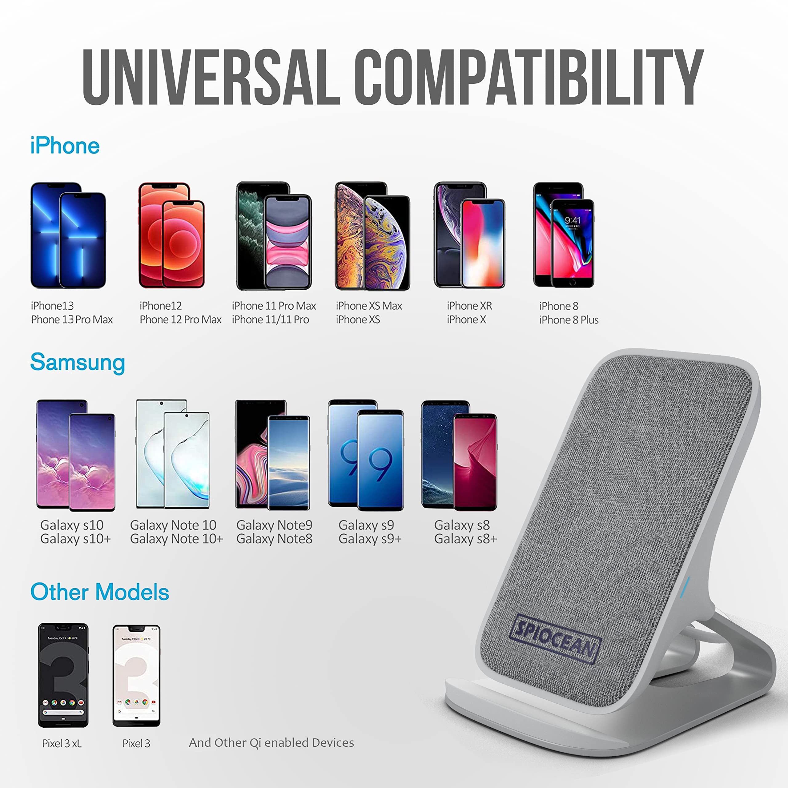 SPIOCEAN Fast Wireless Charger Stand - Qi-Certified 10W Max Charging Pad for iPhone 16/15/14/13/12/11 Series, Samsung Galaxy S22/S21/S20/S10/S9/Note 20 - Includes QC3 Adapter - Perfect for Home, Office & Nightstand Charging