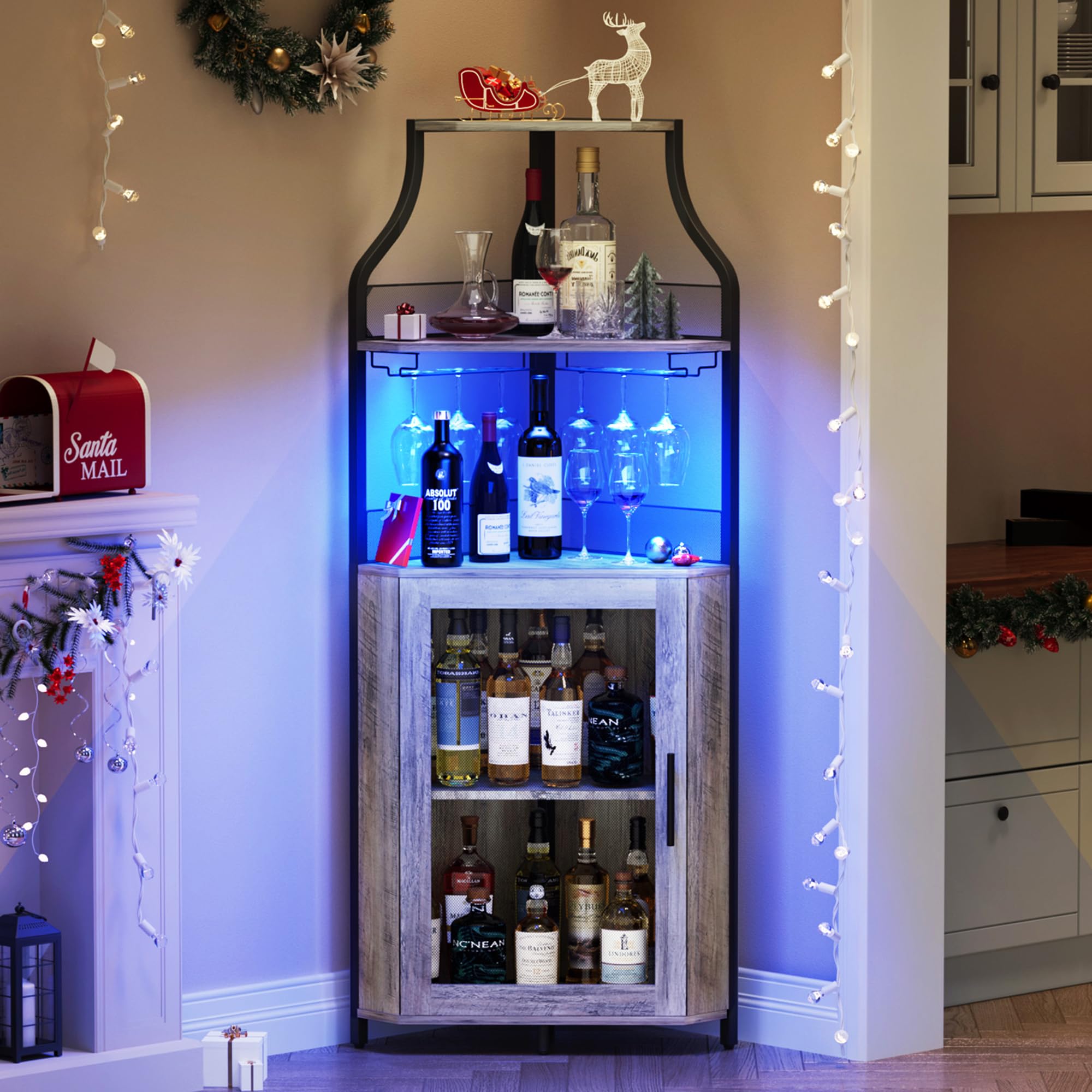 5-Tier Industrial Wine Cabinet with LED Lights & Glass Holder - Adjustable Shelf, Mesh Door - Modern Corner Bar Cabinet for Home, Kitchen, Dining Room - Grey