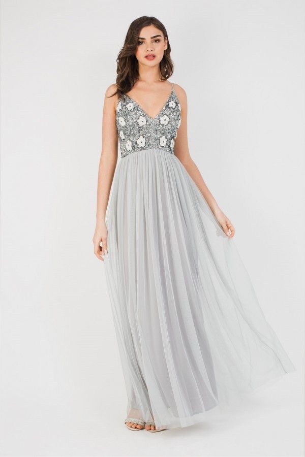 Avon Grey Bridesmaid Maxi Dress - Elegant Formal Gown for Weddings, Parties & Special Occasions