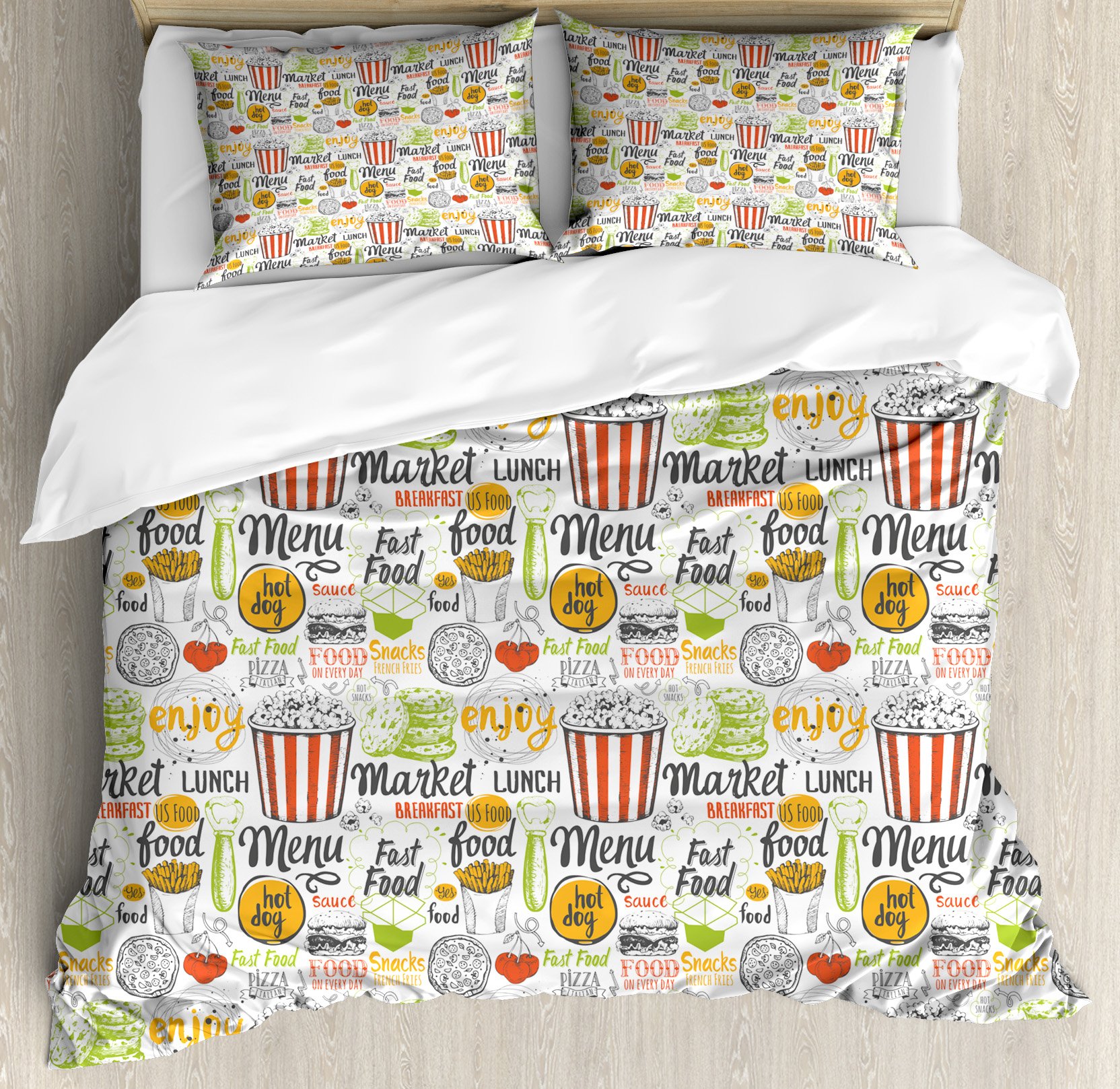 Lunarable 3-Piece Queen Size Duvet Cover Set - Colorful Sketch Style Snacks Illustration (Popcorn, Fries, Burger & Pizza) with Decorative Words, Includes 2 Pillow Shams - Fun Themed Bedding for Teen Rooms, Dorm Decor or Movie Night Enthusiasts