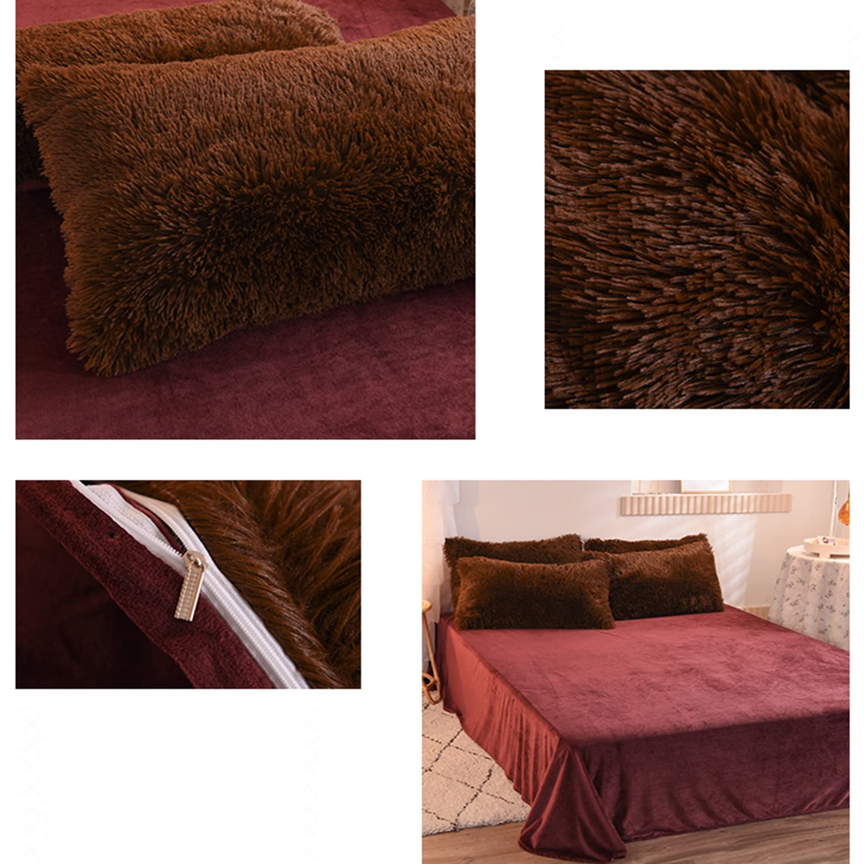 Luxury Shaggy Duvet Cover Set - Ultra Soft Faux Fur Fluffy Comforter Set with Zipper Closure, Fuzzy Bedding 4 Pieces (Brown, 1.8m) - Perfect for Cozy Winter Nights & Bedroom Decor Upgrade