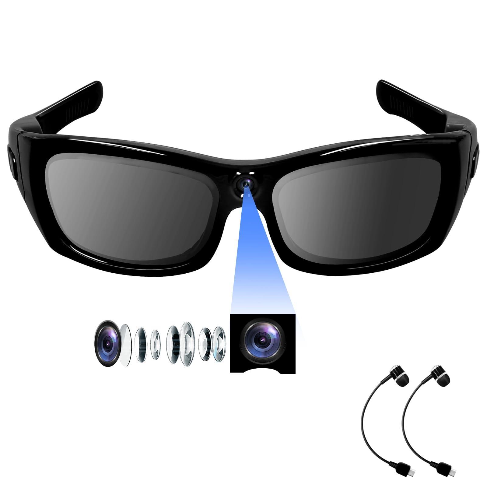 HD1080P Smart Camera Glasses with Bluetooth 5.0, UV400 Polarized Sunglasses & Built-in Earphones - Spy Glasses USB Webcam for Travel Vlogging, Outdoor Sports & Security Surveillance