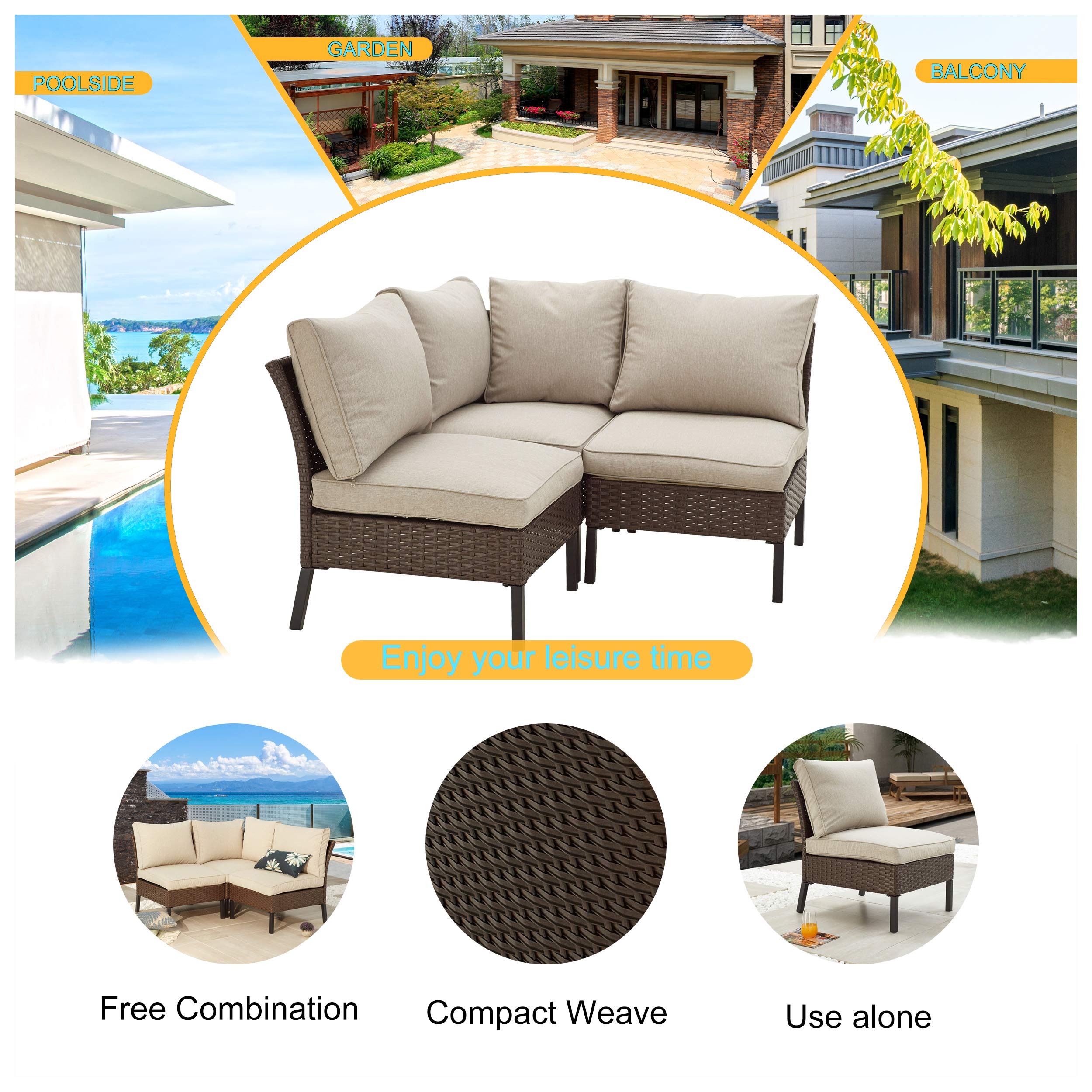 LOKATSE HOME 3-Piece Outdoor Rattan Conversation Set - Wicker Metal Patio Furniture with 1 Corner Sofa & 2 Armless Chairs, Beige - Perfect for Garden, Backyard, and Poolside Relaxation
