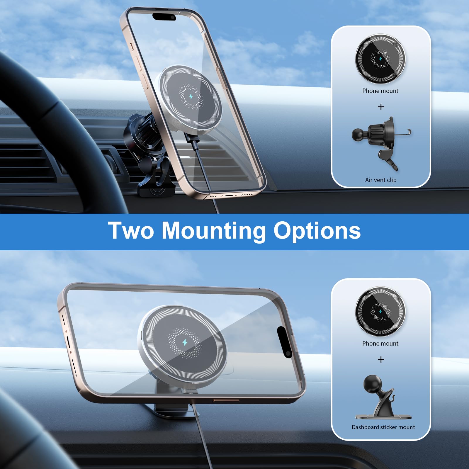 MANKIW 15W Magnetic Wireless Car Charger Mount for iPhone 15 Pro Max/Plus/14/13/12 - Fast Charging Magsafe Car Phone Holder Compatible with Magsafe Cases - Perfect for Hands-Free Driving & GPS Navigation