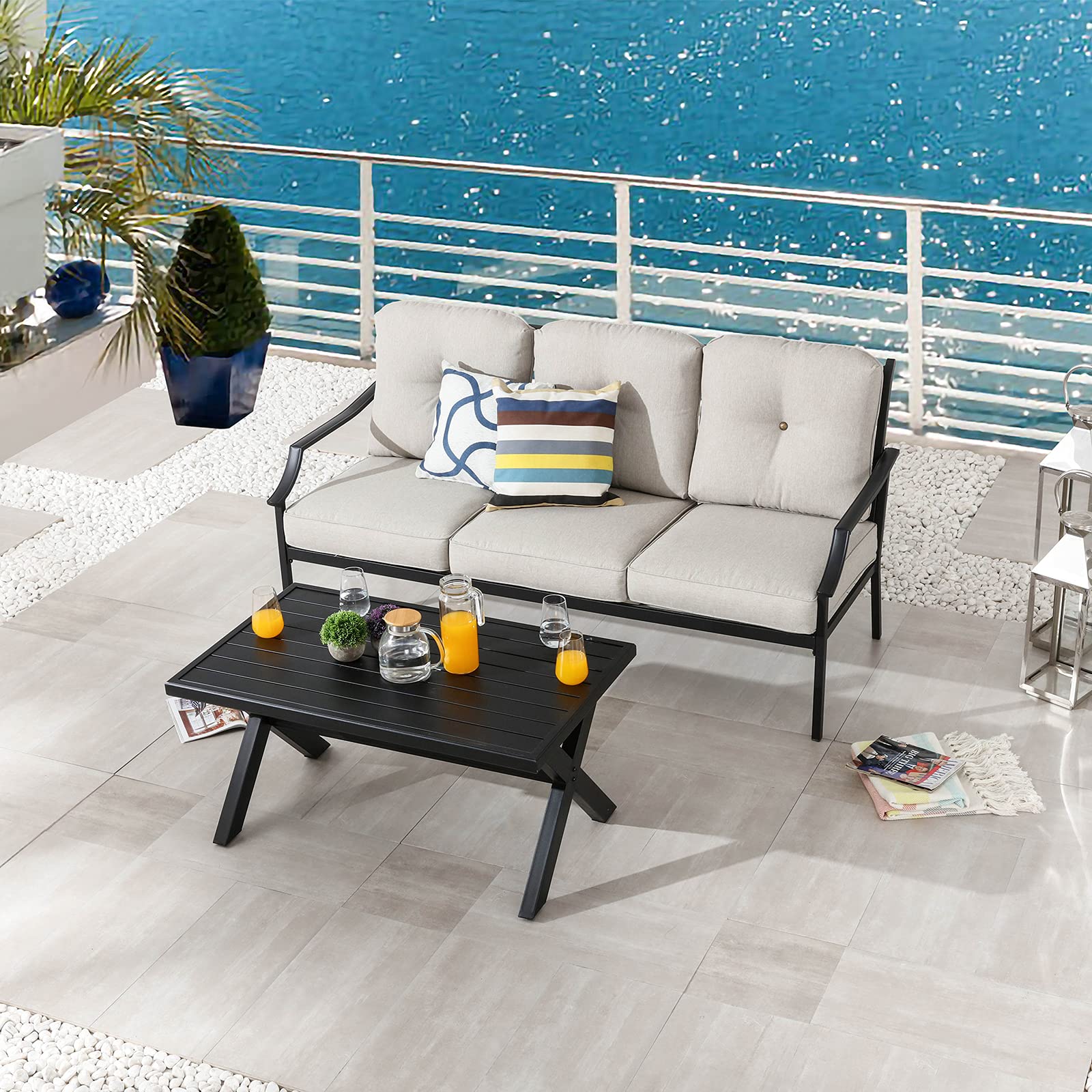 2-Piece Outdoor Metal Loveseat Patio Set with Coffee Table & Cushions - 3-Seater Garden Sofa for Deck, Porch, Backyard - Weather-Resistant Beige Furniture (Perfect for Outdoor Entertaining & Relaxation)