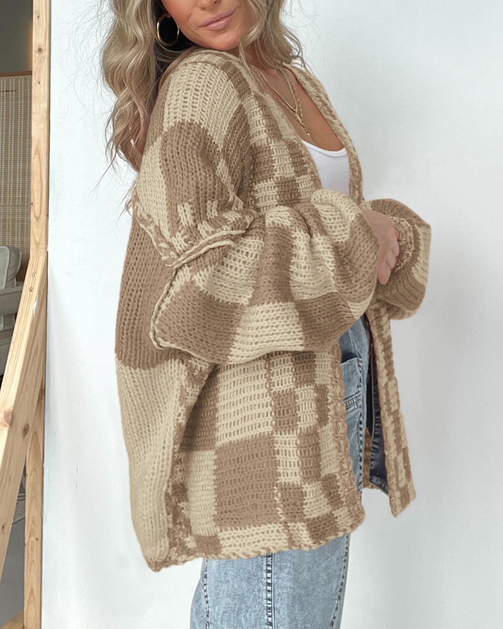 BTFBM Women's Casual Open Front Long Sleeve Chunky Knit Cardigan Sweater - Plaid Pattern Cozy Winter Coat for Office, Lounge & Outdoor Wear