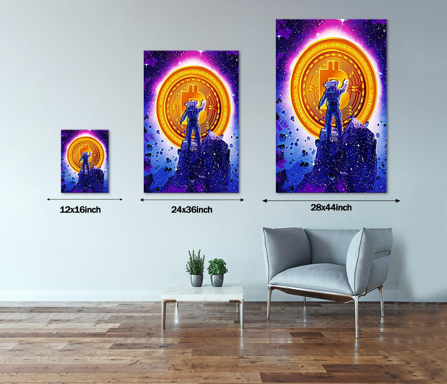 Golden Bitcoin Astronaut Motivational Wall Art - 12x16 Inch Framed Office Decor, Inspirational Poster for Living Room, Bedroom & Workspace | Modern Pop Art, Easy to Hang | Perfect for Home Office, Man Cave & Crypto Enthusiast Spaces