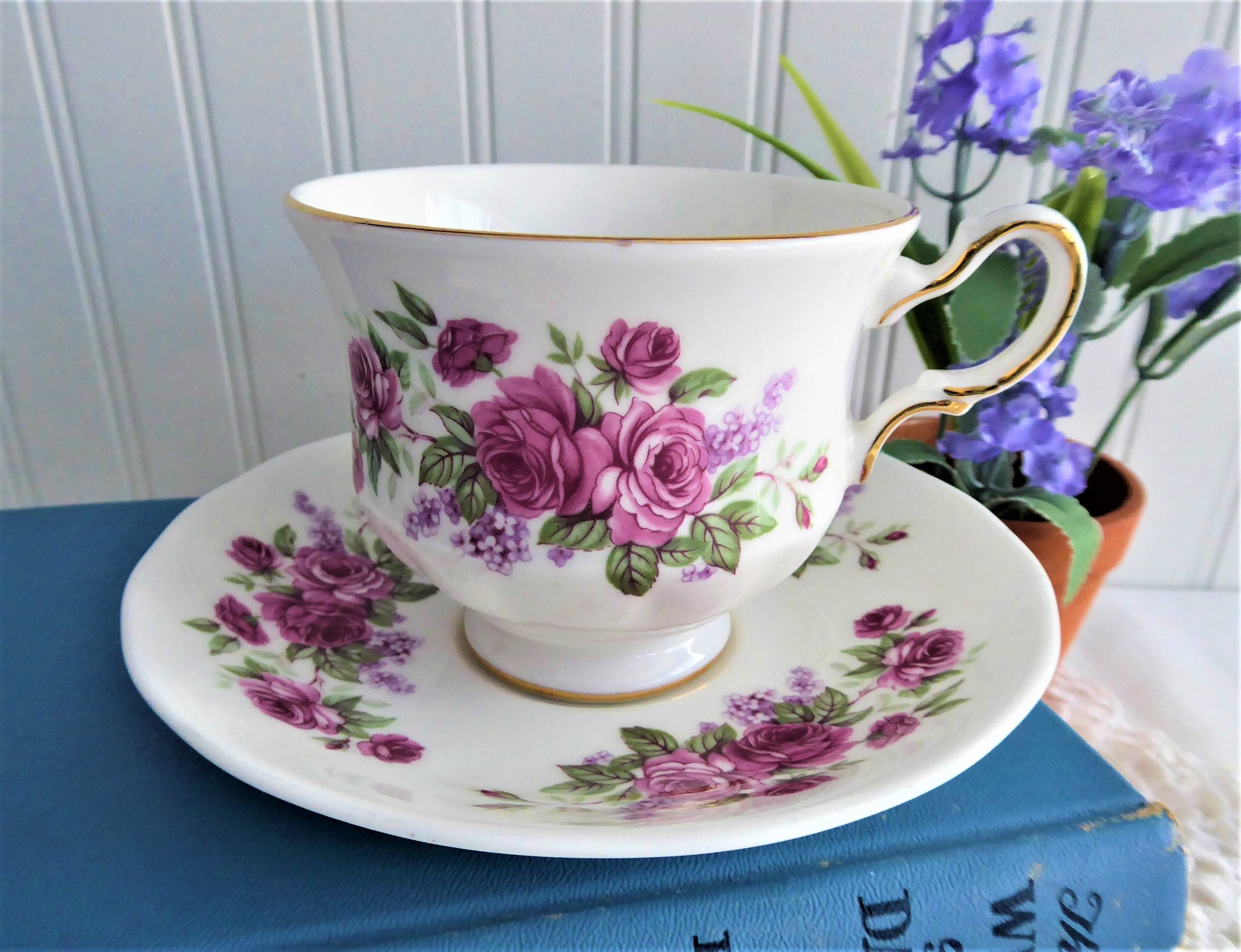 Vintage 1960s Pink Roses and Lilac Queen Anne English Bone China Tea Cup and Saucer Set - Elegant Floral Tea Party, Bridal Shower, or Home Decor Collection