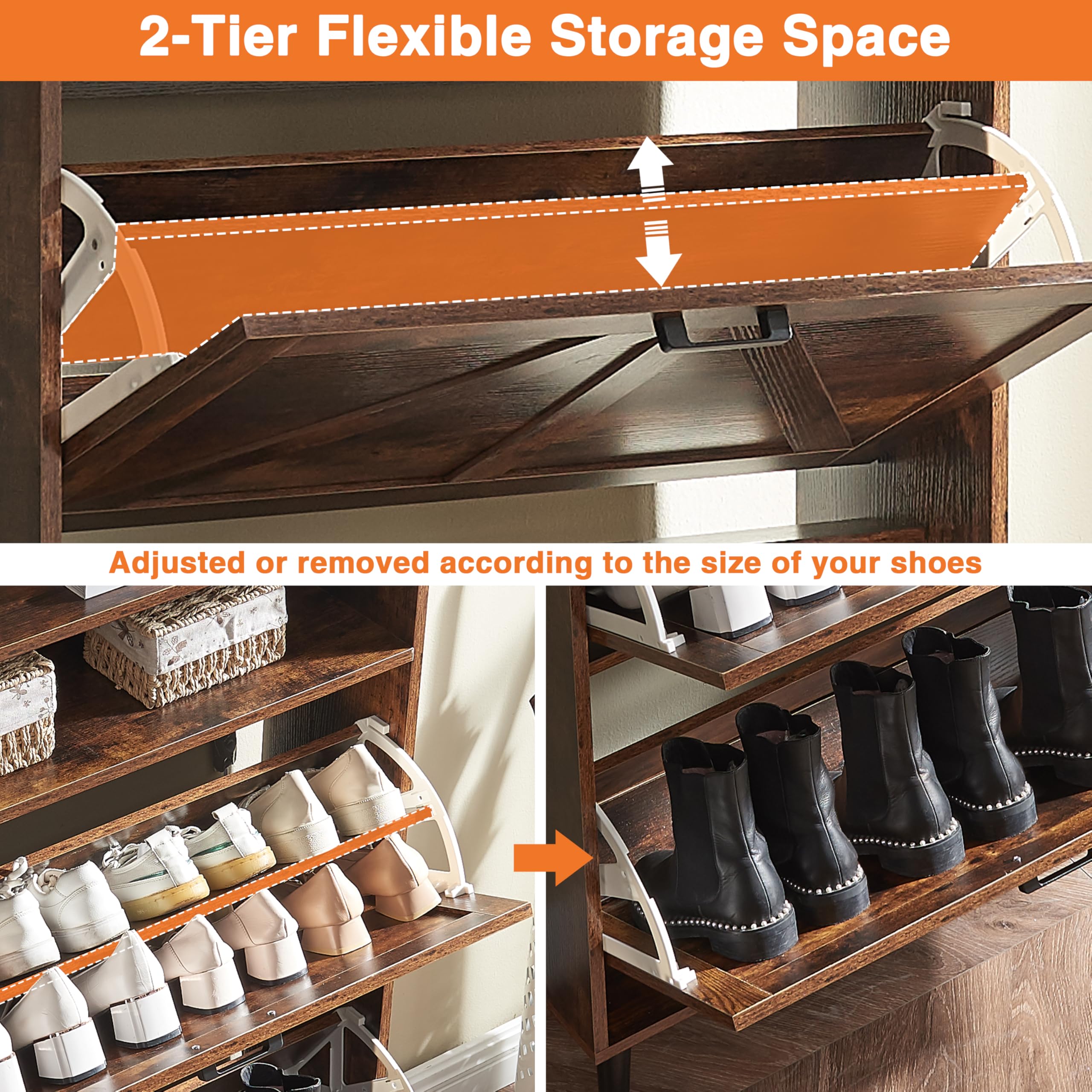 Farmhouse Shoe Storage Cabinet with 2 Flip Drawers - Entryway Shoe Organizer, Slim Freestanding Shoe Rack for 16 Pairs, Narrow Hallway & Living Room Storage Solution - Perfect for Small Spaces, Apartments and Clutter-Free Home Organization
