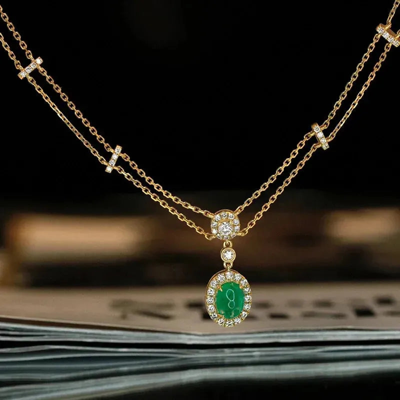 18K Yellow Gold Emerald and Diamond Pendant Necklace for Women - Real Natural Gemstone Luxury Jewelry for Parties, Weddings & Special Occasions