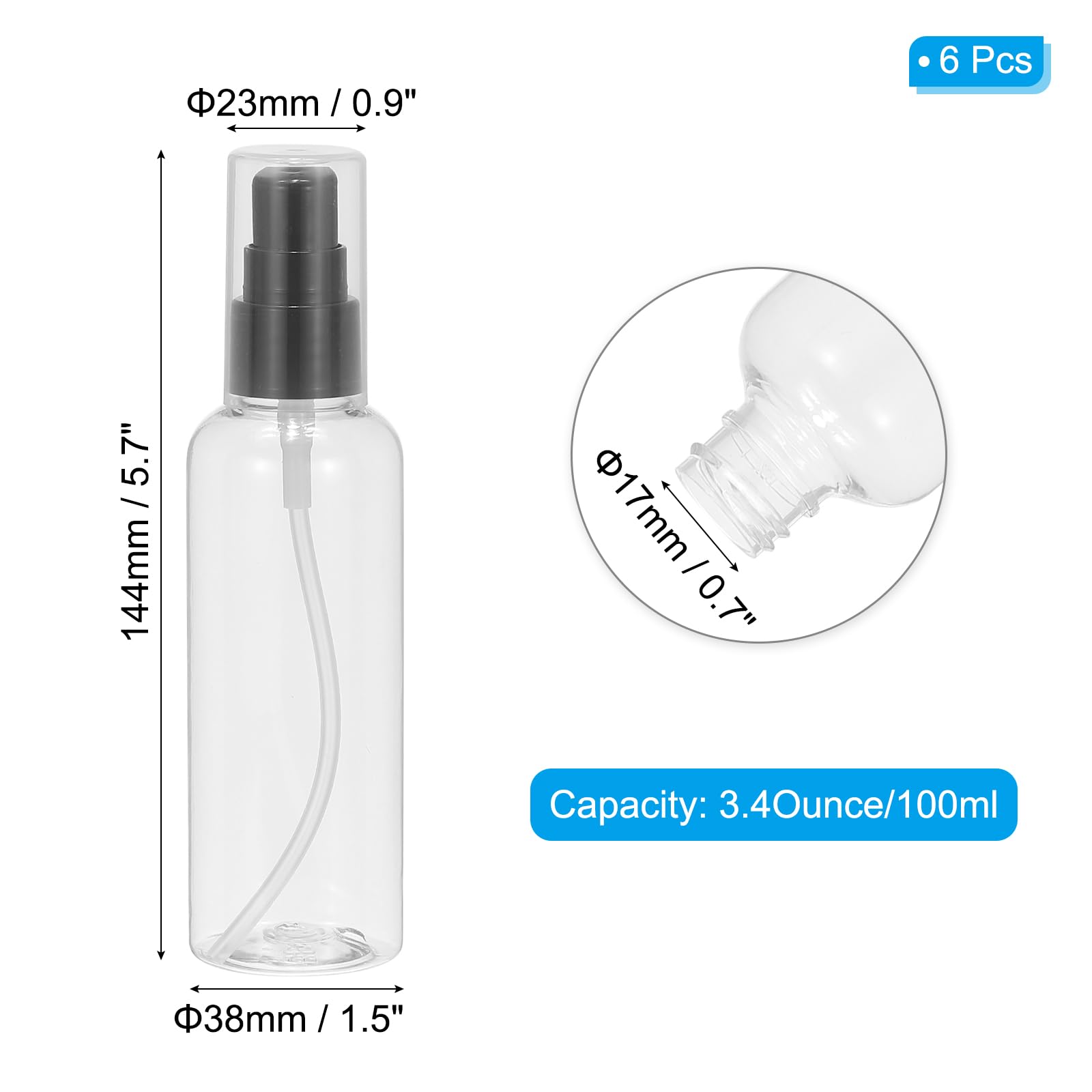 PATIKIL 6-Pack 3.4oz (100ml) Leak Proof Travel Pump Bottles - Refillable Clear Squeeze Dispenser for Shampoo, Lotion, Cream & Toiletries | Perfect for Air Travel, Gym, Camping & Home Use