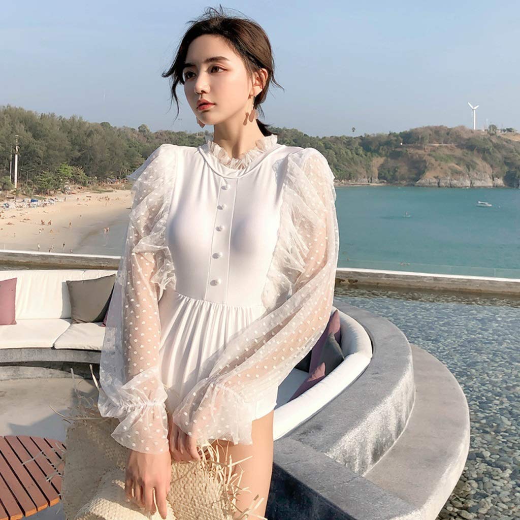 One Piece Bikini Women's Swimsuit - Long Sleeve Lace Solid Spandex Surfer Bathing Suit - Light Luxury White Bikini for Beach, Pool & Surfing (Large)