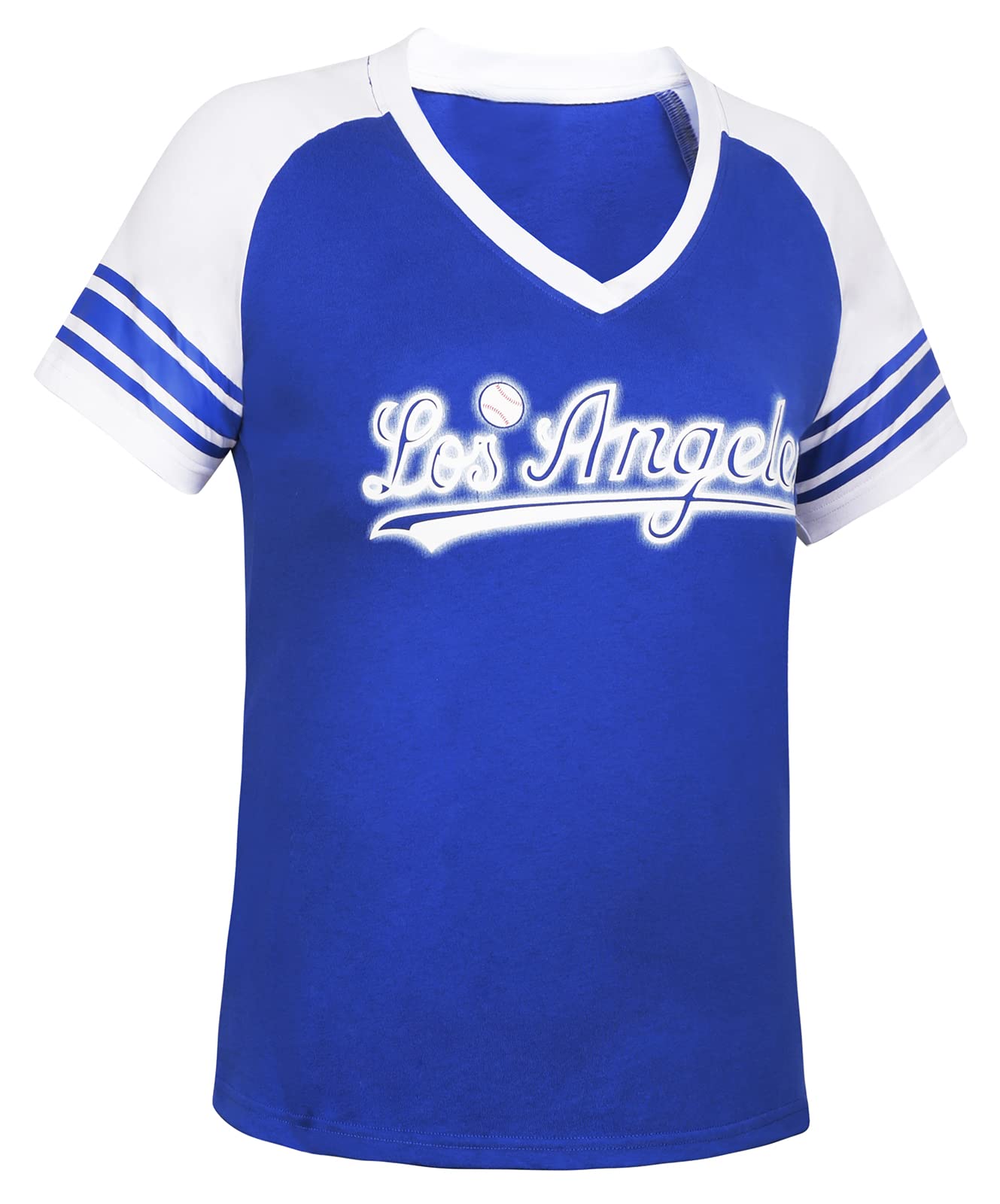 Women's Los Angeles City Baseball V-Neck Raglan Athletic T-Shirt - Blue & White - Casual Wear, Sports Fan Apparel, Gym & Street Fashion