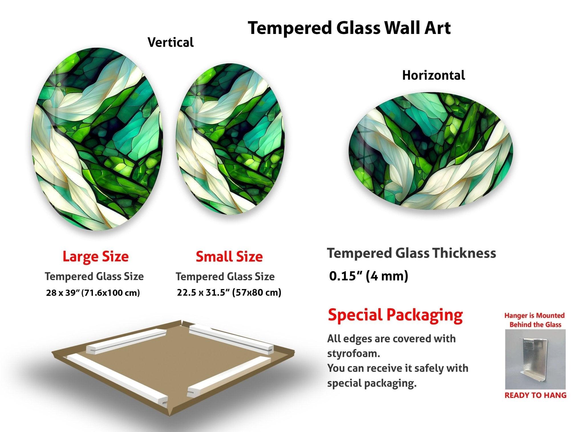 Handmade Asymmetric Oval Stained Green Fractal Glass Wall Art - Modern Abstract Home Decor for Living Room, Bedroom & Office