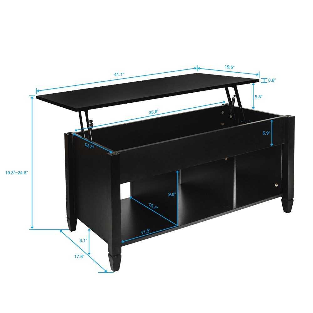 Modern Lift Top Coffee Table with Hidden Storage - Solid Wood Lift-Top Design for Living Room, Home Office & Dining - Black Lift-Top Table with Compartment for Remote, Books & Essentials