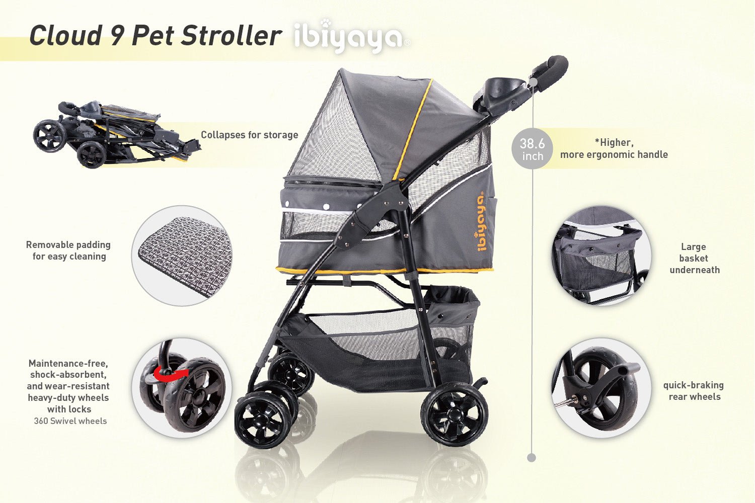Premium Retro Luxe Pet Stroller for Large Dogs & Cats Up to 30kg - Prism Black | Comfortable & Stylish Carrier for Outdoor Walks, Shopping & Travel