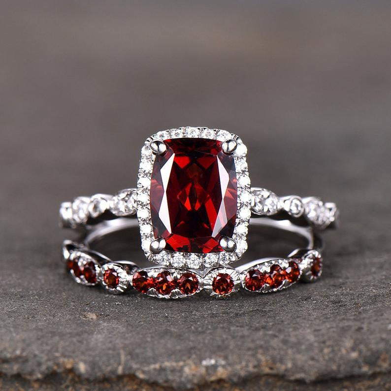 Exquisite Garnet Fancy Halo Diamond Engagement Ring with Side Stones - Bridal Wedding Set for Her - Perfect for Proposals, Anniversaries & Special Occasions