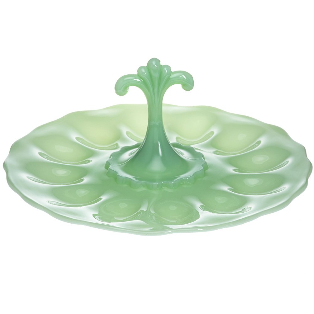 Premium Jadeite Handled Deviled Egg Plate - Elegant Easter Egg Serving Tray for Holiday Parties, Potlucks & Spring Gatherings