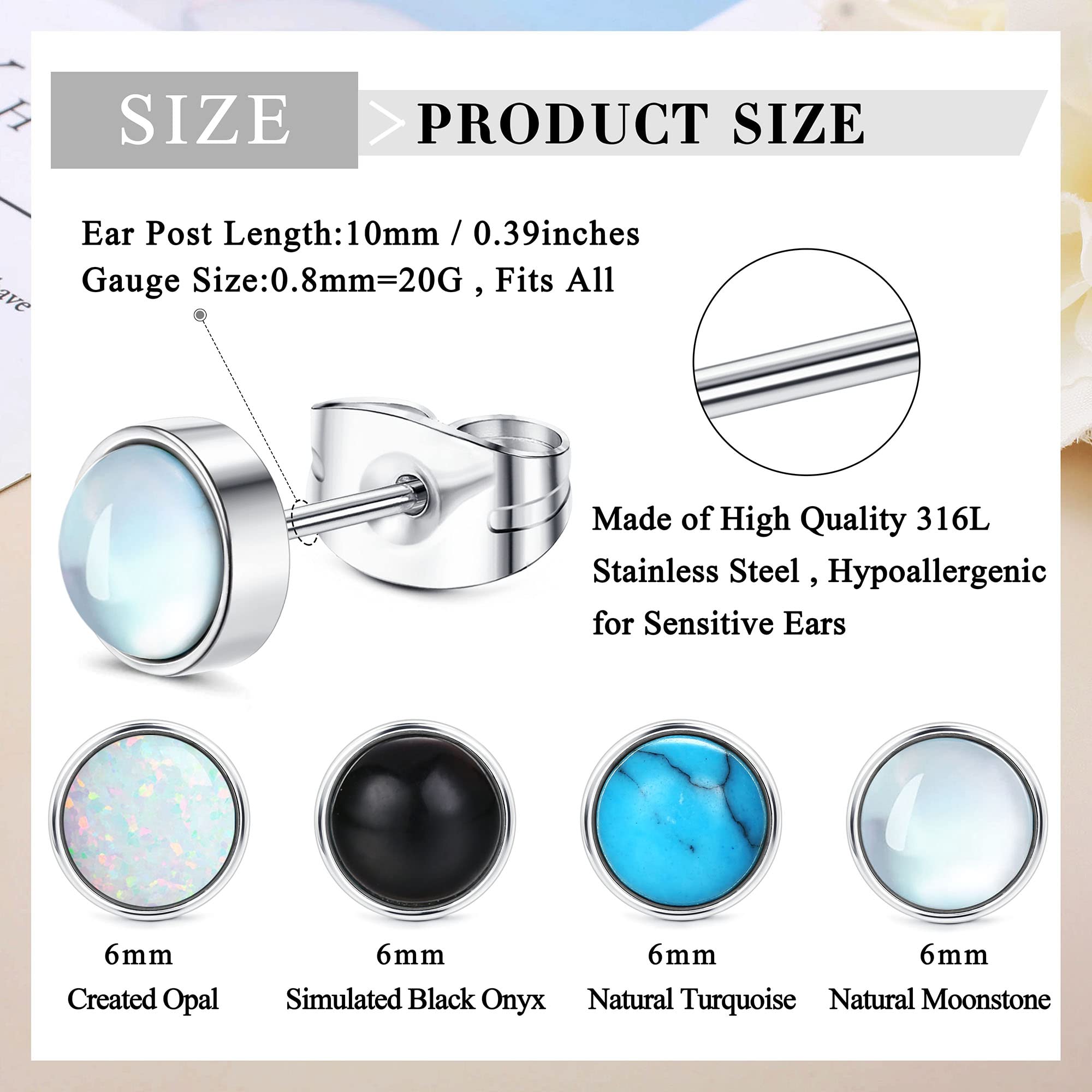 ADRAMATA 4 Pairs Stainless Steel Stud Earrings for Women - Moonstone, Turquoise, Opal & Black Onyx Studs | Hypoallergenic Jewelry for Everyday Wear, Gift Giving & Special Occasions