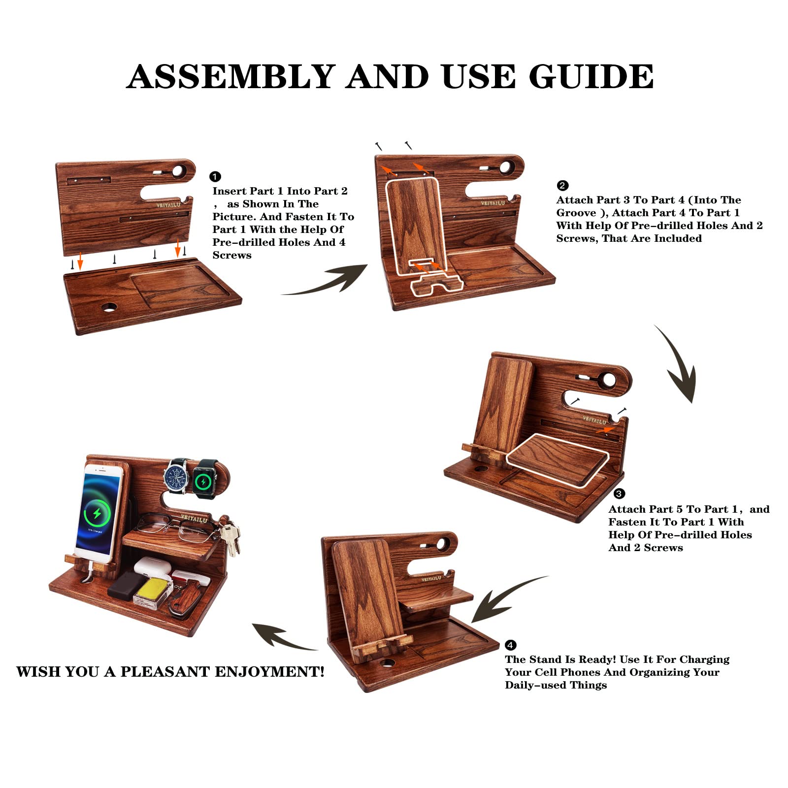 **Premium Wooden Phone Stand Holder - Best Birthday Gift for Men, Father's Day Gift from Daughter or Son - Nightstand Organizer for iPhone & Android - Elegant Brown (Perfect for Bedside, Office & Travel)**