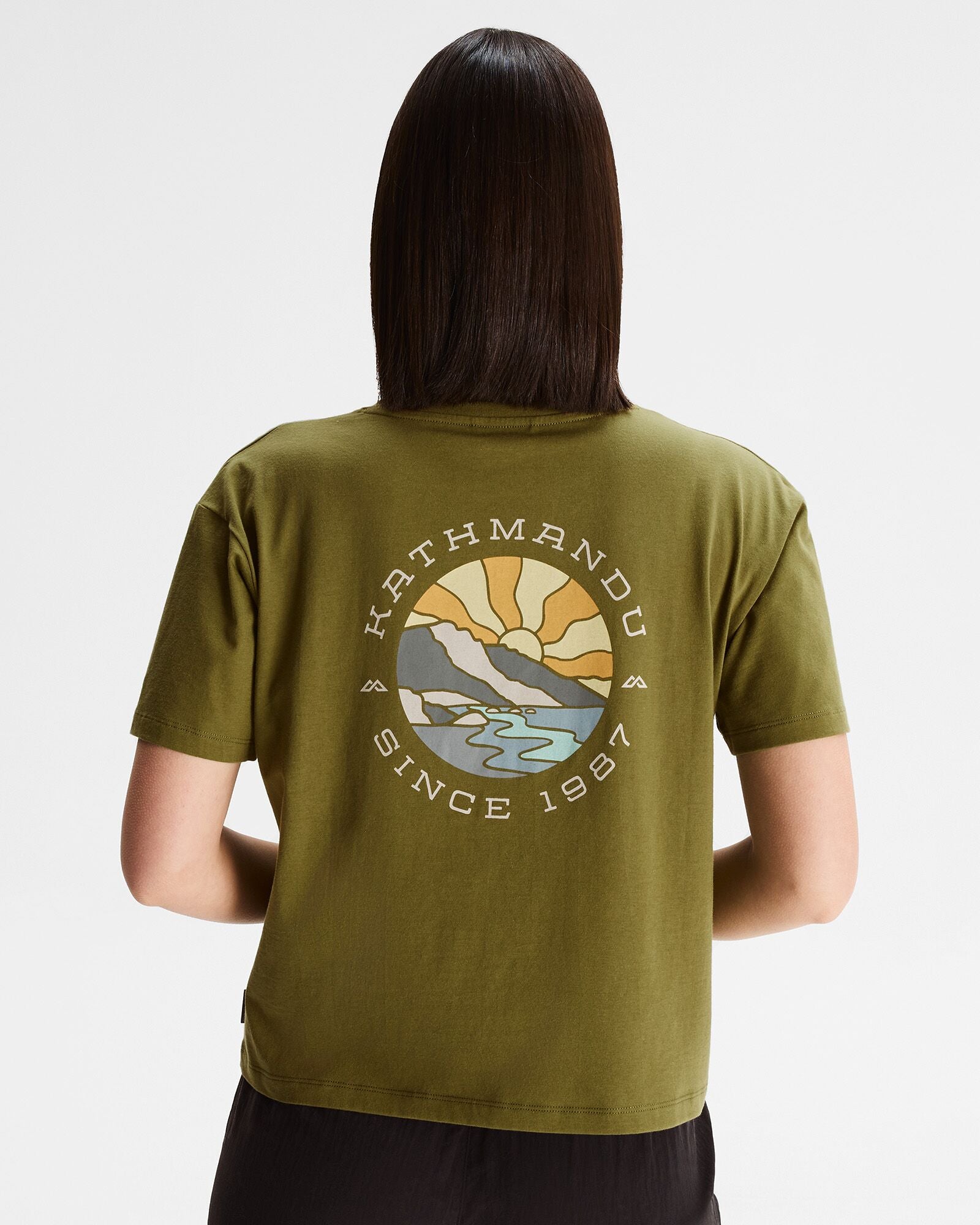 Women's Kathmandu Logo Sunburst Organic Cotton T-Shirt - Dark Fern | Eco-Friendly Casual Tee for Outdoor Activities & Everyday Wear