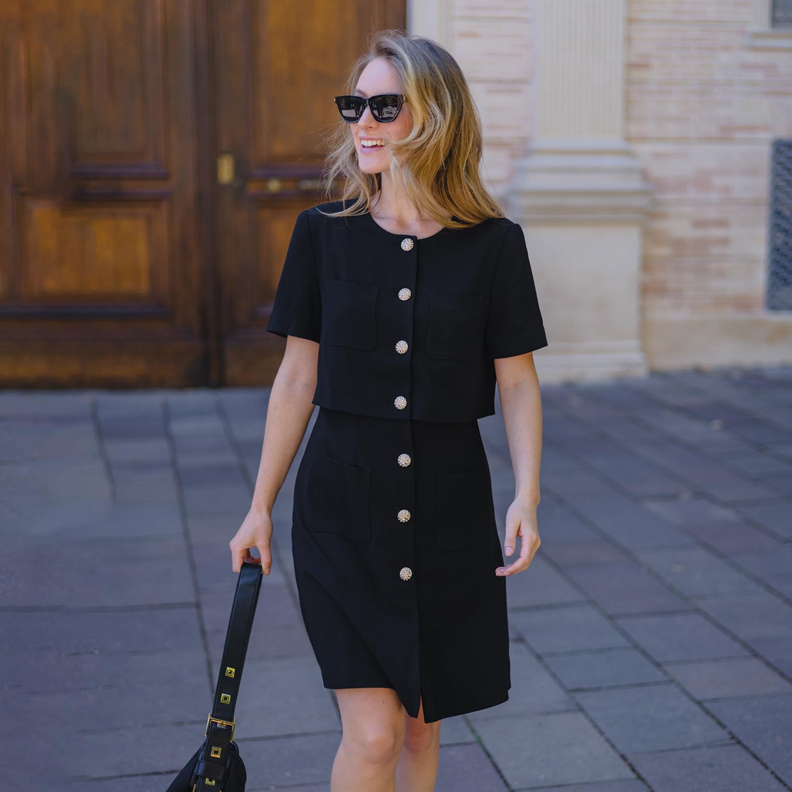 Women's Triacetate Black Mini Dress - Business Casual A-Line V-Neck Button Front Dress for Office Work & Teaching | Perfect for Professional Meetings, Office Parties & Smart Casual Events