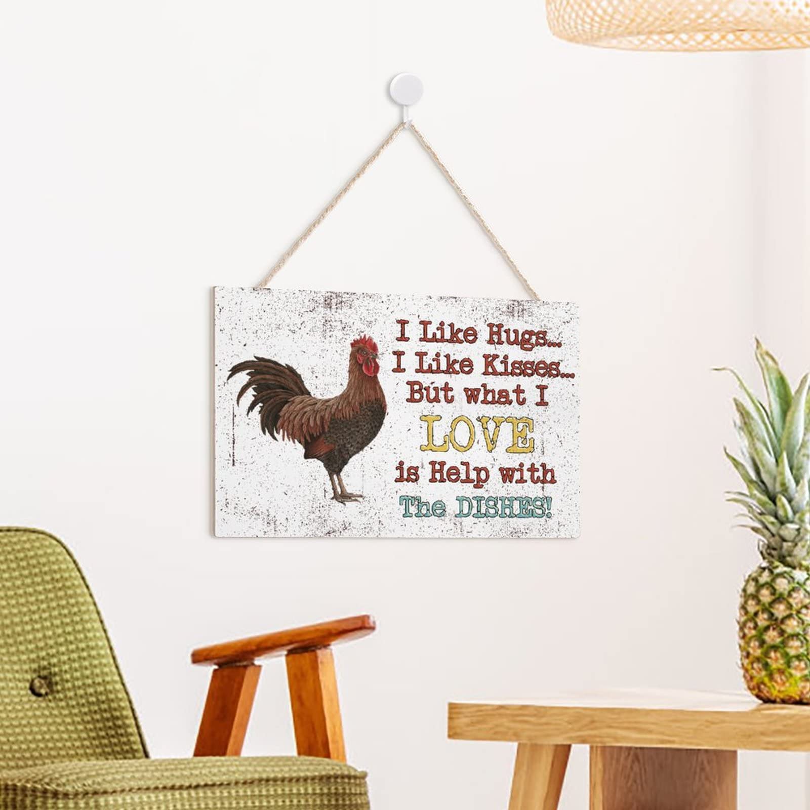 Rustic Rooster Wall Art - Funny Chicken Coop Decor Sign 'I Like Hugs & Kisses But Love Help with Dishes' - 10x16in Farmhouse Kitchen Decor for Home, Farmyard & Country Style Kitchens - Perfect for Farmhouse Walls, Chicken Coops & Rustic Home Décor