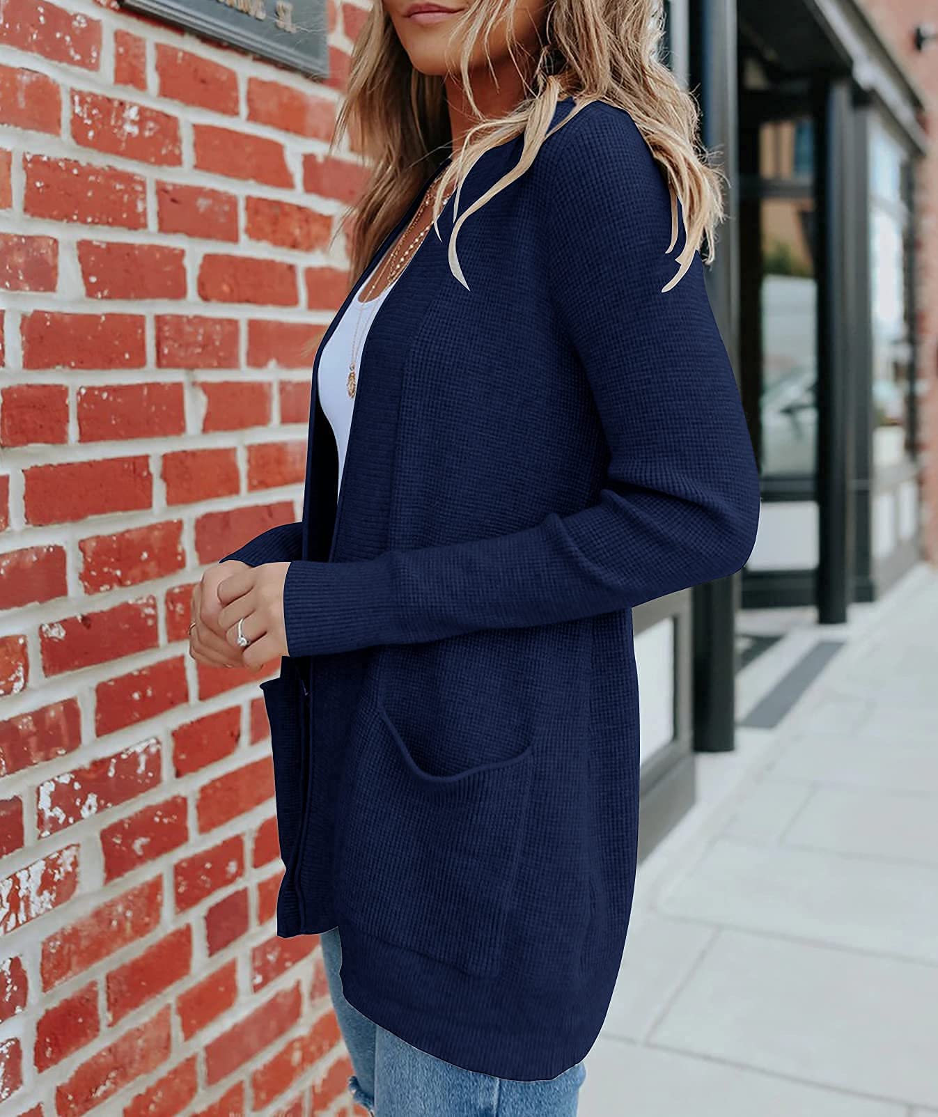 MEROKEETY Women's Open Front Waffle Knit Cardigan - Long Sleeve Cozy Sweater with Pockets for Fall 2025 | Casual Outfit, Office Wear & Layering Essential