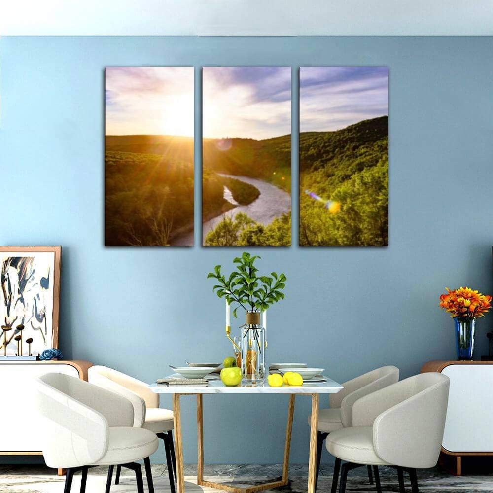 Delaware River Catskills Landscape Canvas Wall Art - 3 Panel New York Scenic Painting for Living Room & Bedroom Decor - Perfect for Home, Office & Airbnb Interior Design