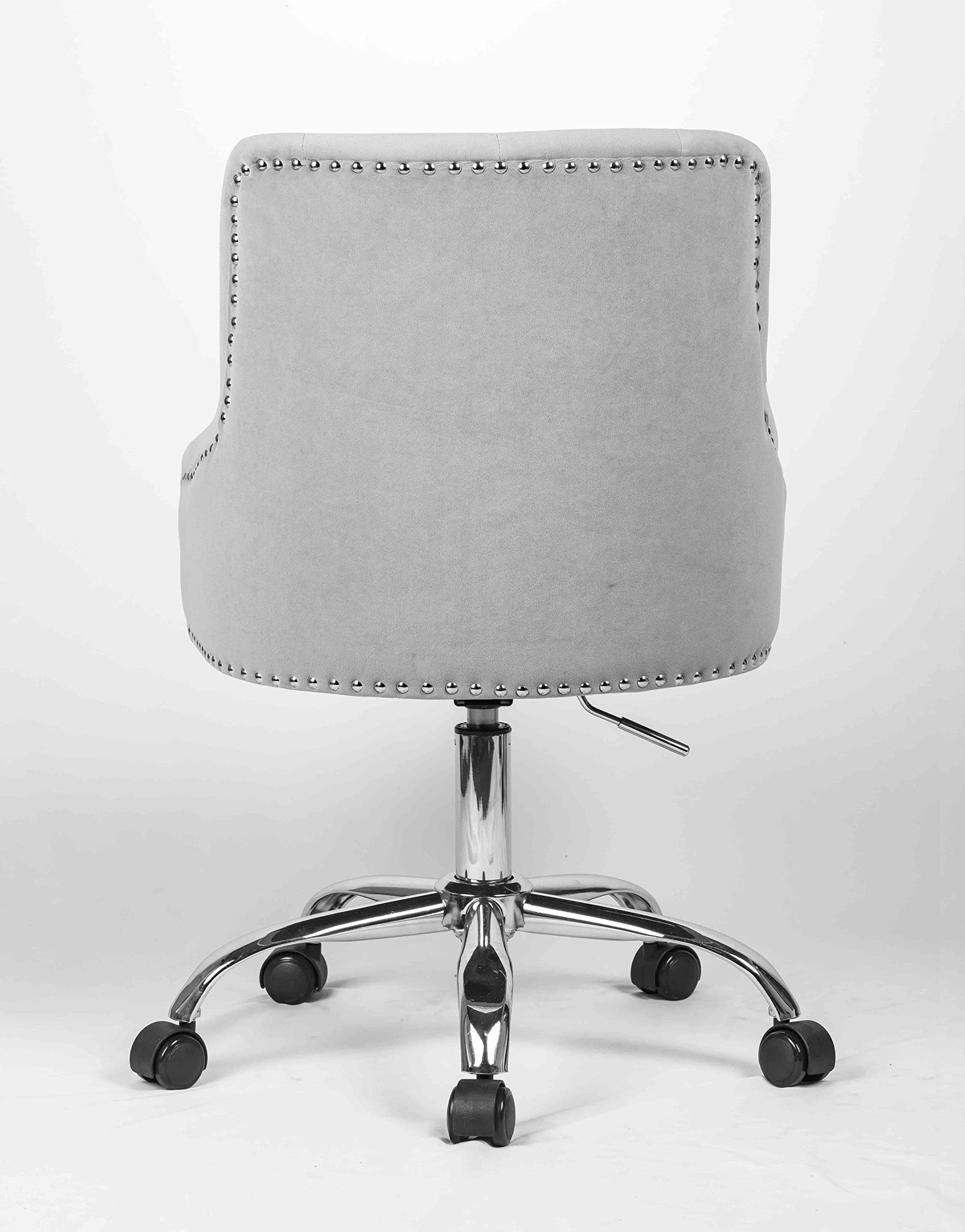 Luxury Velvet Office Chair with Tufted Back & Nailhead Trim - Adjustable Swivel Computer Desk Chair with Arms - Elegant Grey Vanity Chair for Home Office, Bedroom & Dressing Room