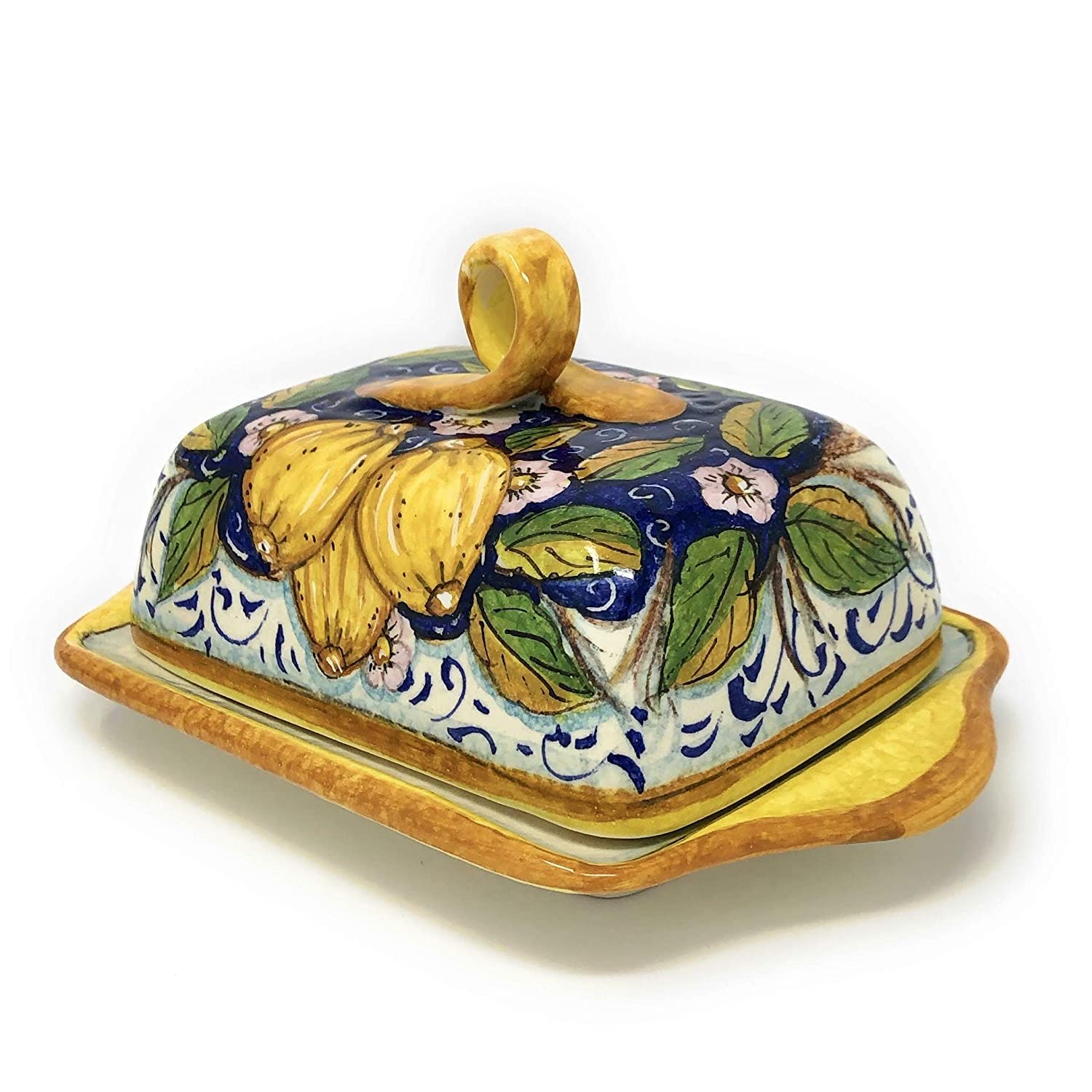 Hand-Painted Italian Ceramic Butter Dish with Three Lemons Design - Tuscan Art Pottery by CERAMICHE D'ARTE PARRINI - Made in Italy | Perfect for Kitchen Decor, Gift Giving & Rustic Table Settings