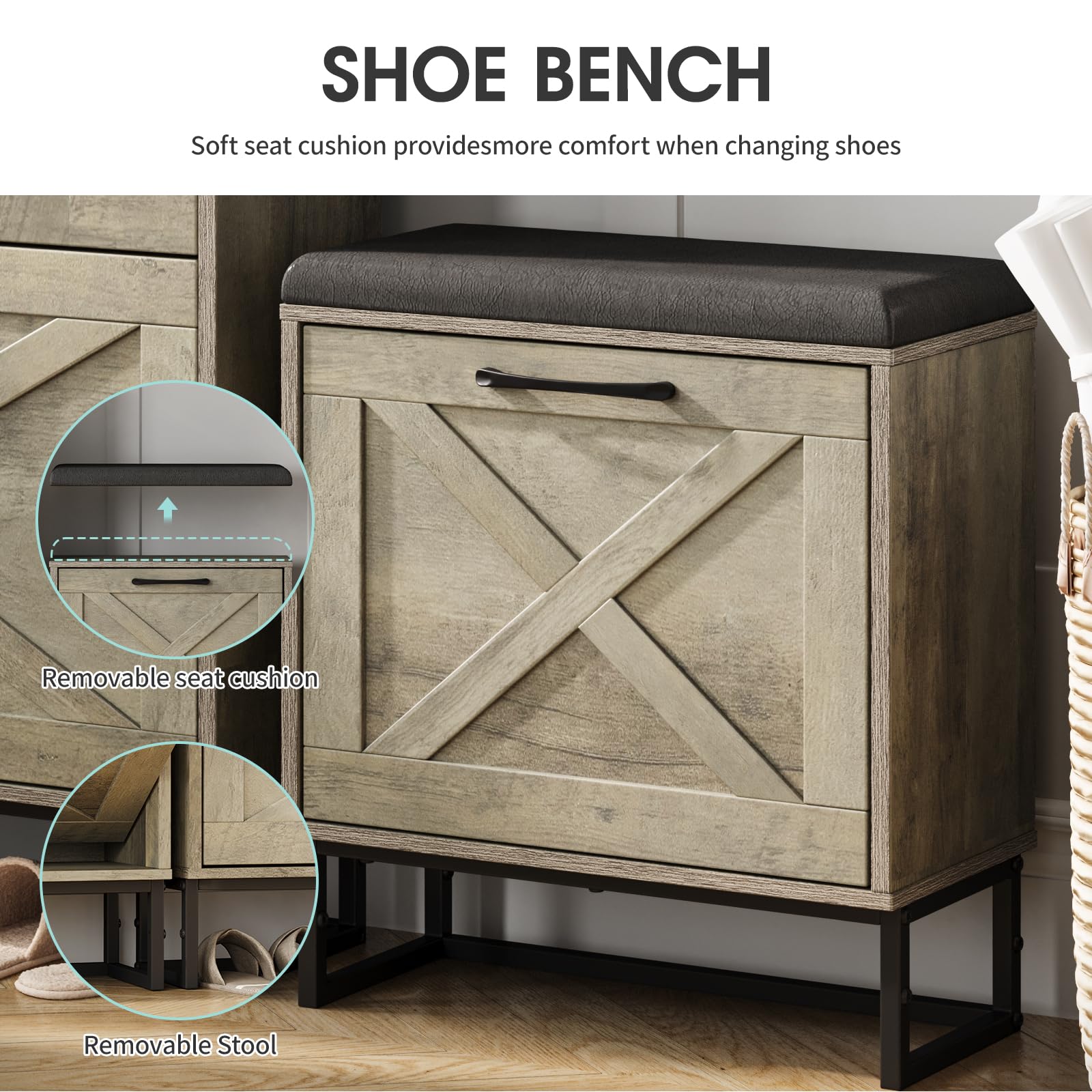 Maupvit 4-Tier Flip Drawer Shoe Storage Cabinet - Holds 28 Pairs, Entryway Shoe Bench & Hidden Organizer for Living Room, Hallway - Space-Saving Grey Shoe Rack (Perfect for Small Apartments & Cluttered Entryways)