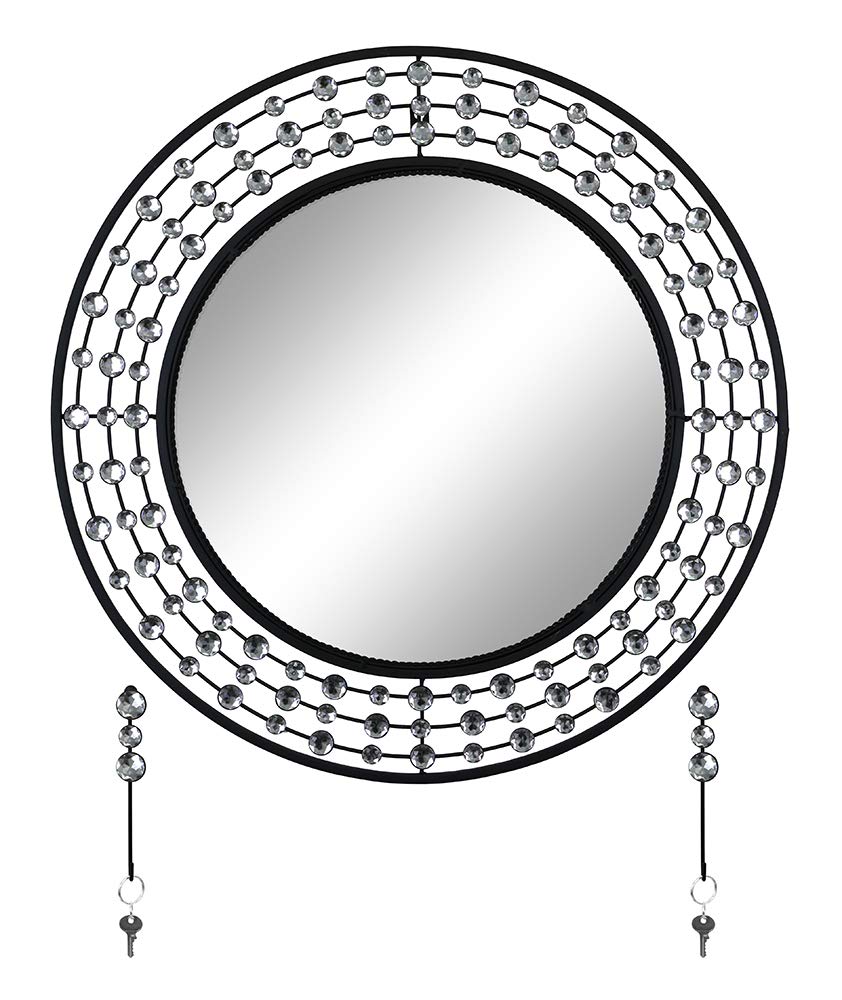 Round Wall Mirror with Key Chain Holder - Silver & Black Swarovski Crystal Decor - Perfect for Entryway, Bedroom or Bathroom Decor