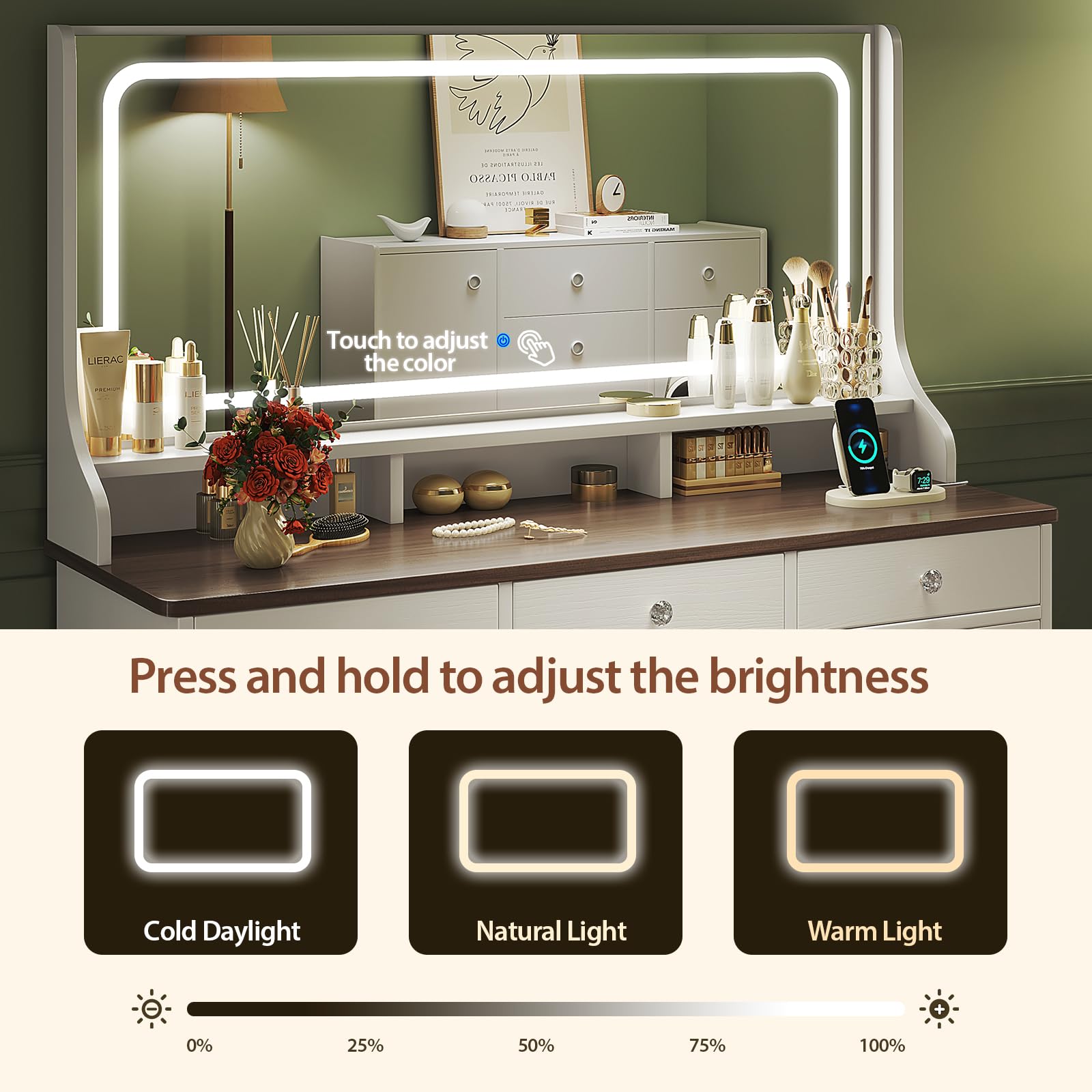 White Makeup Vanity Desk with LED Lights & Mirror - 11-Drawer Dressing Table with Power Outlet for Bedroom, Brown Beige | Perfect for Beauty Routine, Makeup Application & Home Decor