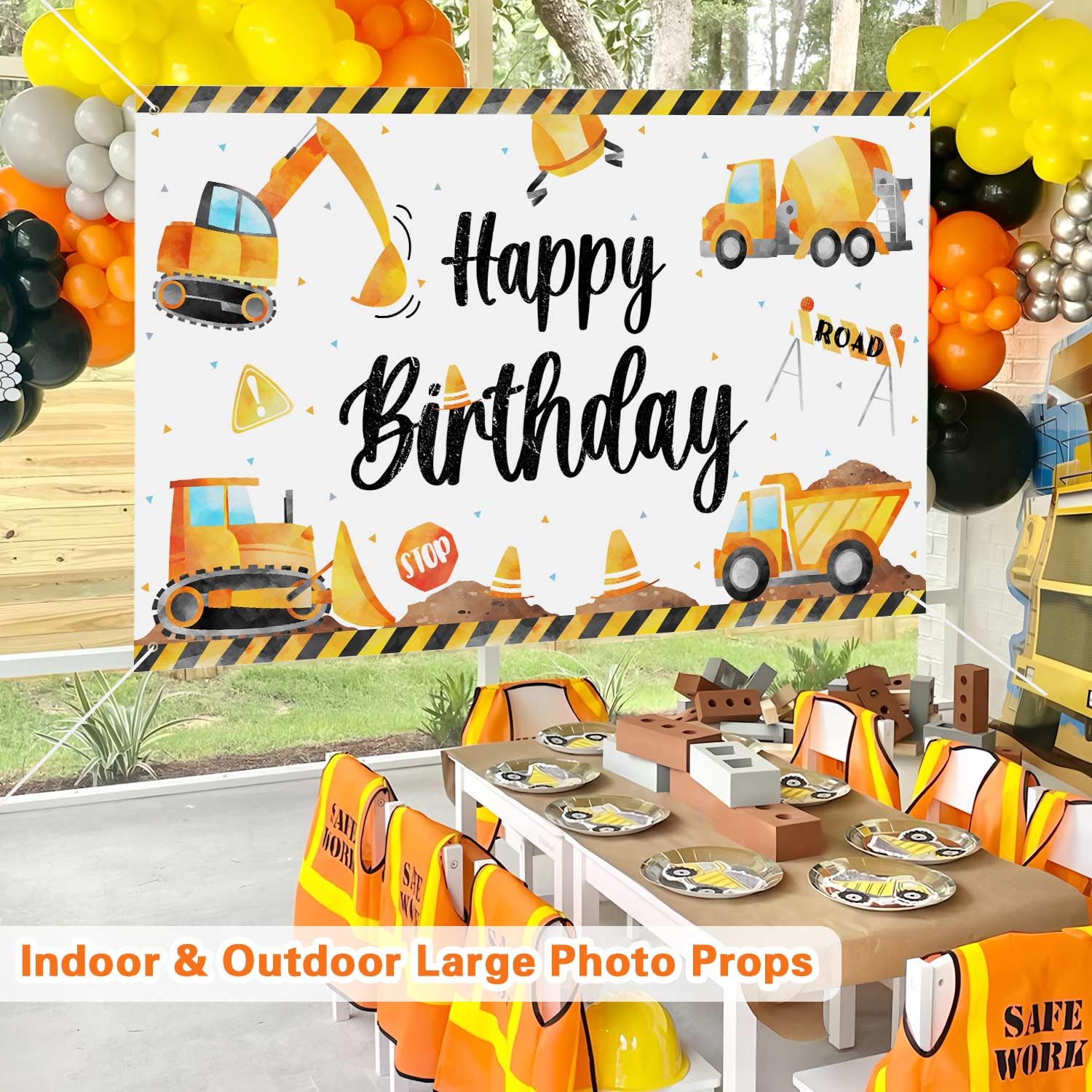 3 x 5Ft Construction Themed Birthday Party Backdrop Banner - Heavy Duty Vinyl Decor for Boys Construction Party, Kids Birthday, Baby Shower & Construction Site Photo Booth Background