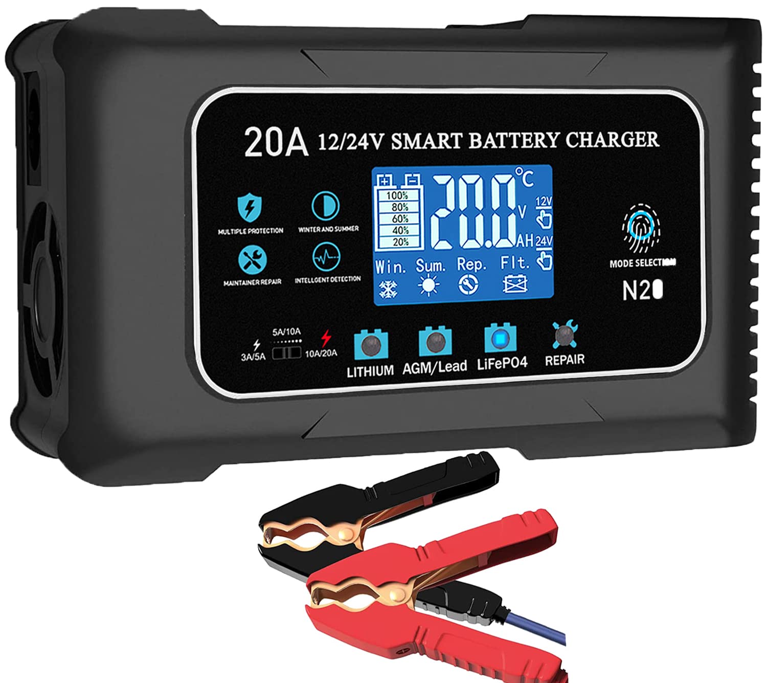 20A LiFePO4 Lithium & AGM Gel Smart Battery Charger - 12V/20A & 24V/10A Trickle Charger Maintainer for Car, Boat, Motorcycle, Lawn Mower - Perfect for RV, Marine, ATV & Seasonal Vehicle Storage