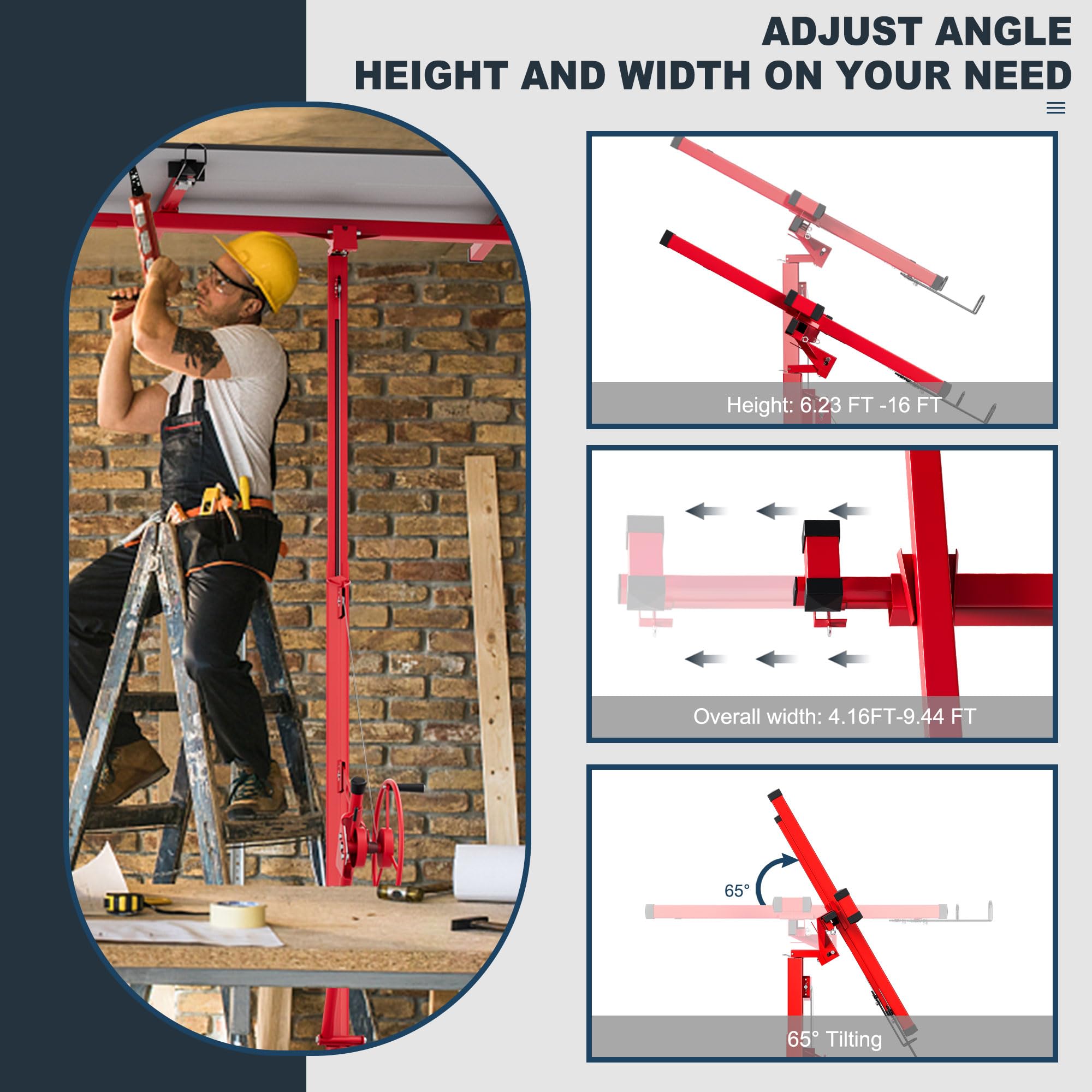 16ft Drywall Lift Panel Hoist - 150lb Capacity Drywall Lifter Jack with Rolling Caster Wheels | Heavy Duty Sheetrock Lifting Tool for Ceiling Installation | Perfect for Construction, Renovation and DIY Home Projects
