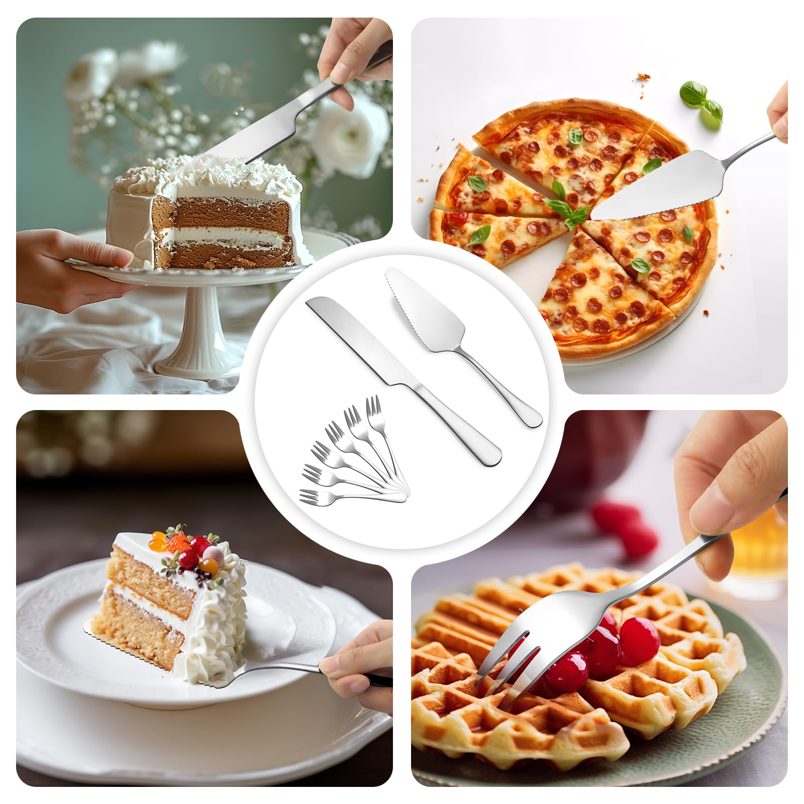 8-Piece Silver Cake Knife and Server Set with 6 Cake Forks - Elegant Wedding Cake Cutting Set for Birthday, Anniversary & Holiday Parties - Perfect for Wedding Receptions, Bridal Showers & Special Celebrations