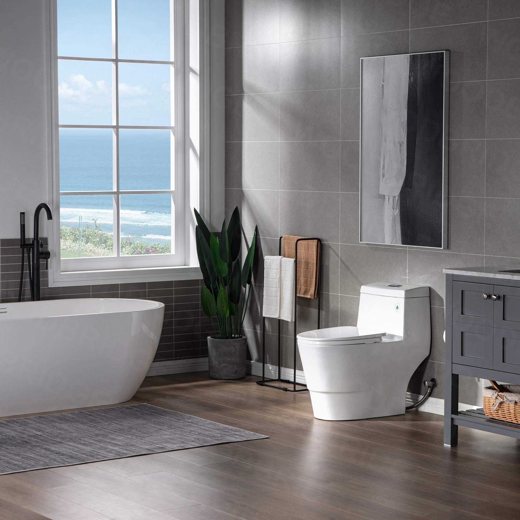 WOODBRIDGEE One Piece Toilet with Soft-Close Seat - Chair Height ADA Comfort, 1.28 GPF Dual Flush Water-Saving Design, 1000g MaP Flushing Power with Chrome Push Button (Model T0001-CH, White) - Perfect for Modern Bathrooms & Water-Efficient Homes