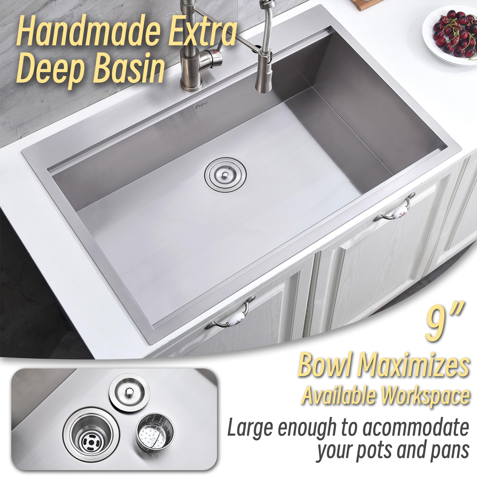 Friho 33x22 Inch Brushed Nickel Stainless Steel 16 Gauge Drop-In Kitchen Sink Workstation - Handmade Top Mount Single Bowl Sink with 5 Accessories | Perfect for Modern Kitchens, Remodeling & Small Spaces