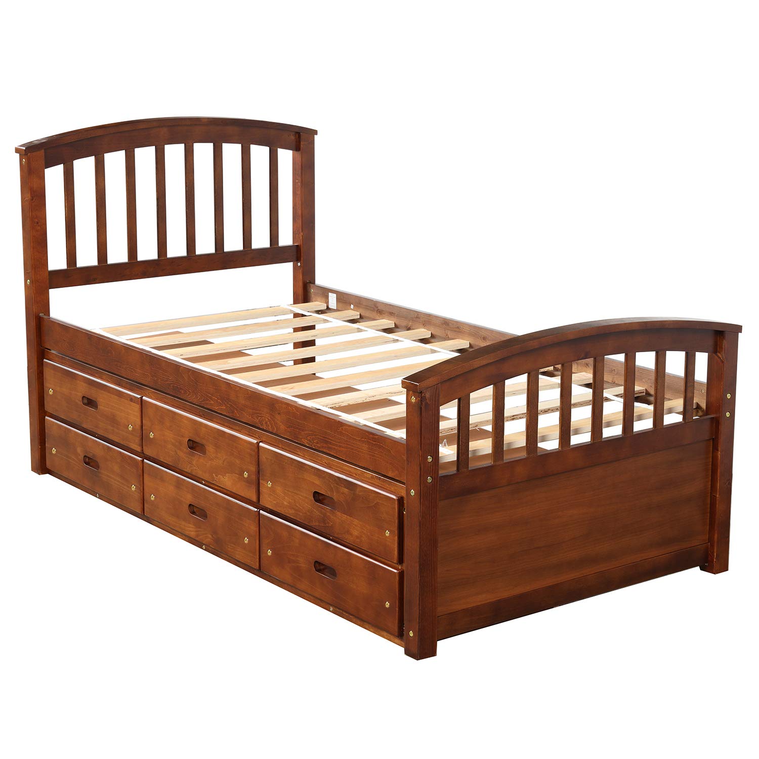 JULYFOX Twin Storage Bed Frame with 6 Drawers - Walnut Pine Wood Platform for Small Spaces | Heavy Duty Bedroom Furniture