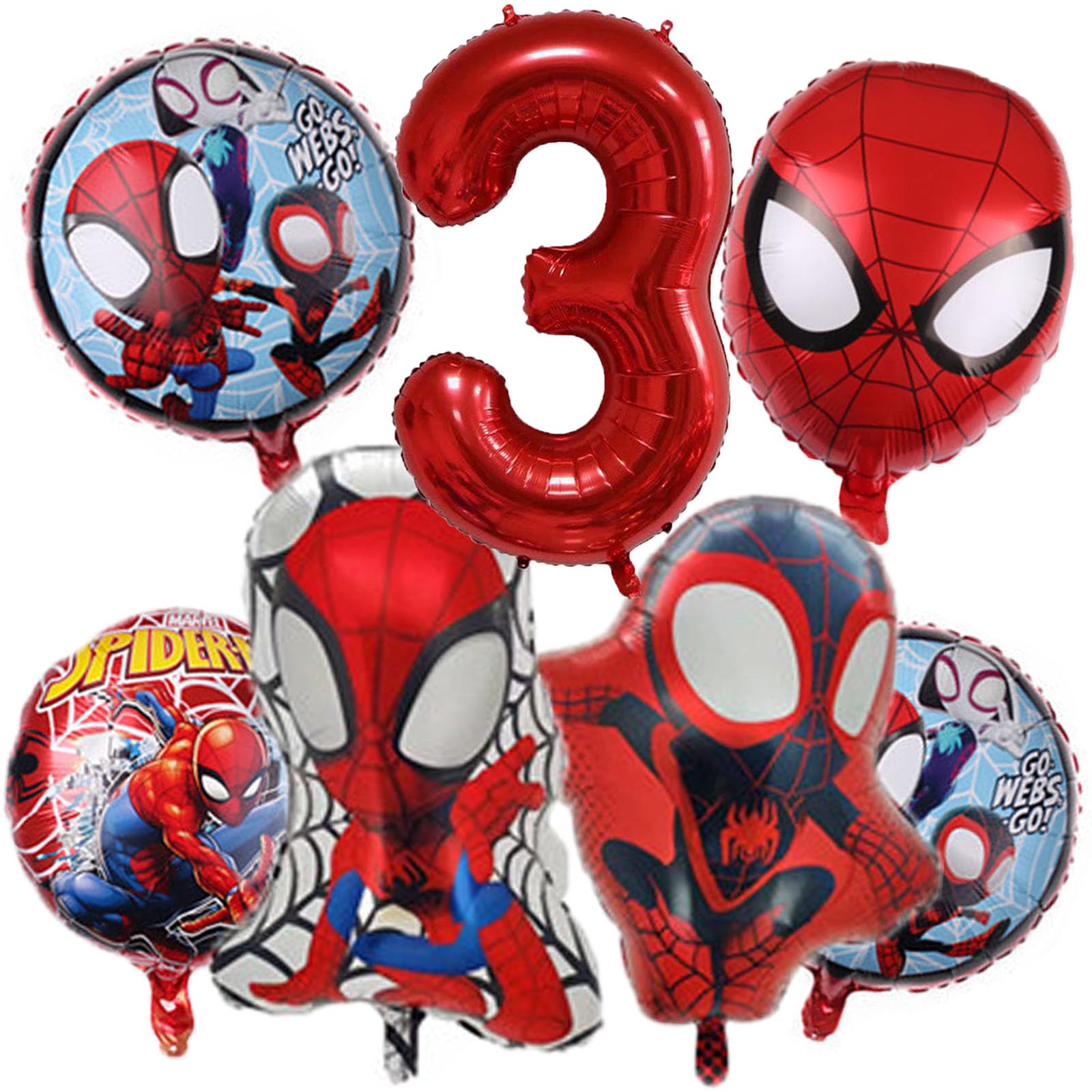 Superhero 3rd Birthday Balloon Bouquet Decor - 7PC Spider-Man Foil Balloons for Boys Birthday Party, Baby Shower & Superhero Themed Events - Perfect for Superhero Birthday Decorations, Kids Party Centerpieces & Themed Celebration Backdrops