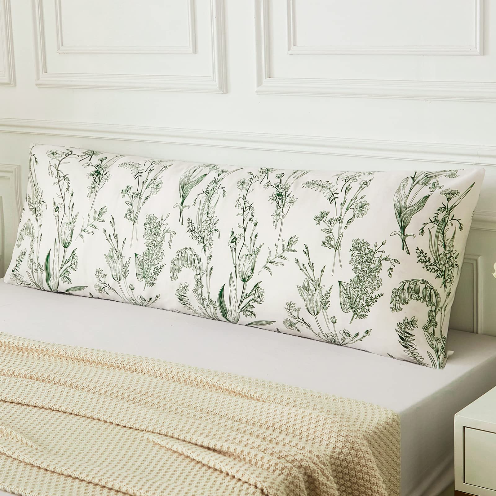 20x54 Inch Dark Green Floral Body Pillow Cover with Pocket Closure - Country Style Farmhouse Decor for Sofa, Bed & Dorm - Soft Long Body Pillow Case Featuring Branch & Flower Pattern