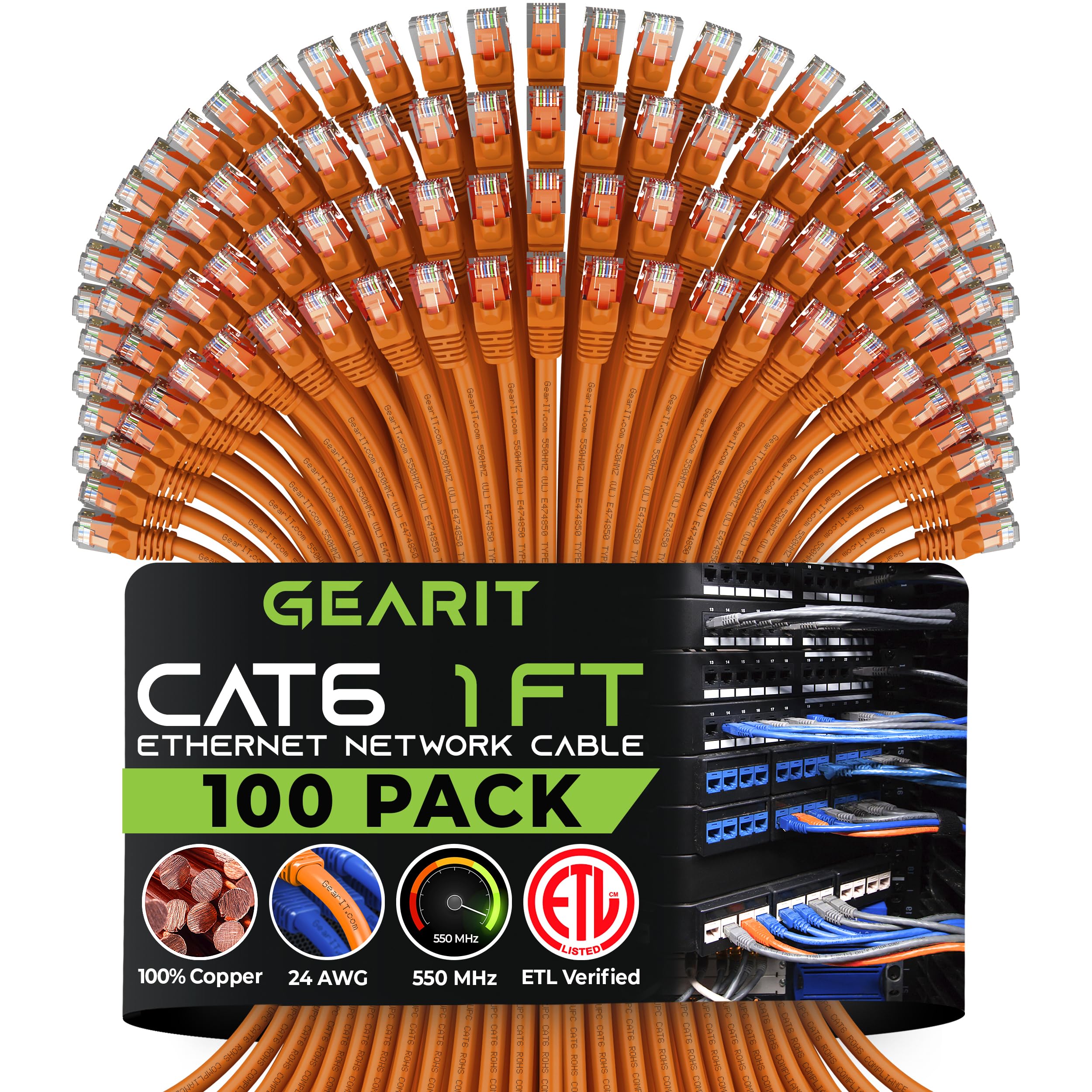 GEARit Cat 6 Ethernet Cable 100-Pack (1 Foot) - 10Gbps Snagless Patch Cords with Gold-Plated RJ45 Connectors for High-Speed Internet - Ideal for PC, TV, Tablet, Router, Printer, Servers & Data Centers - Durable Orange Networking Cables for Office, Home & IT Infrastructure Setup
