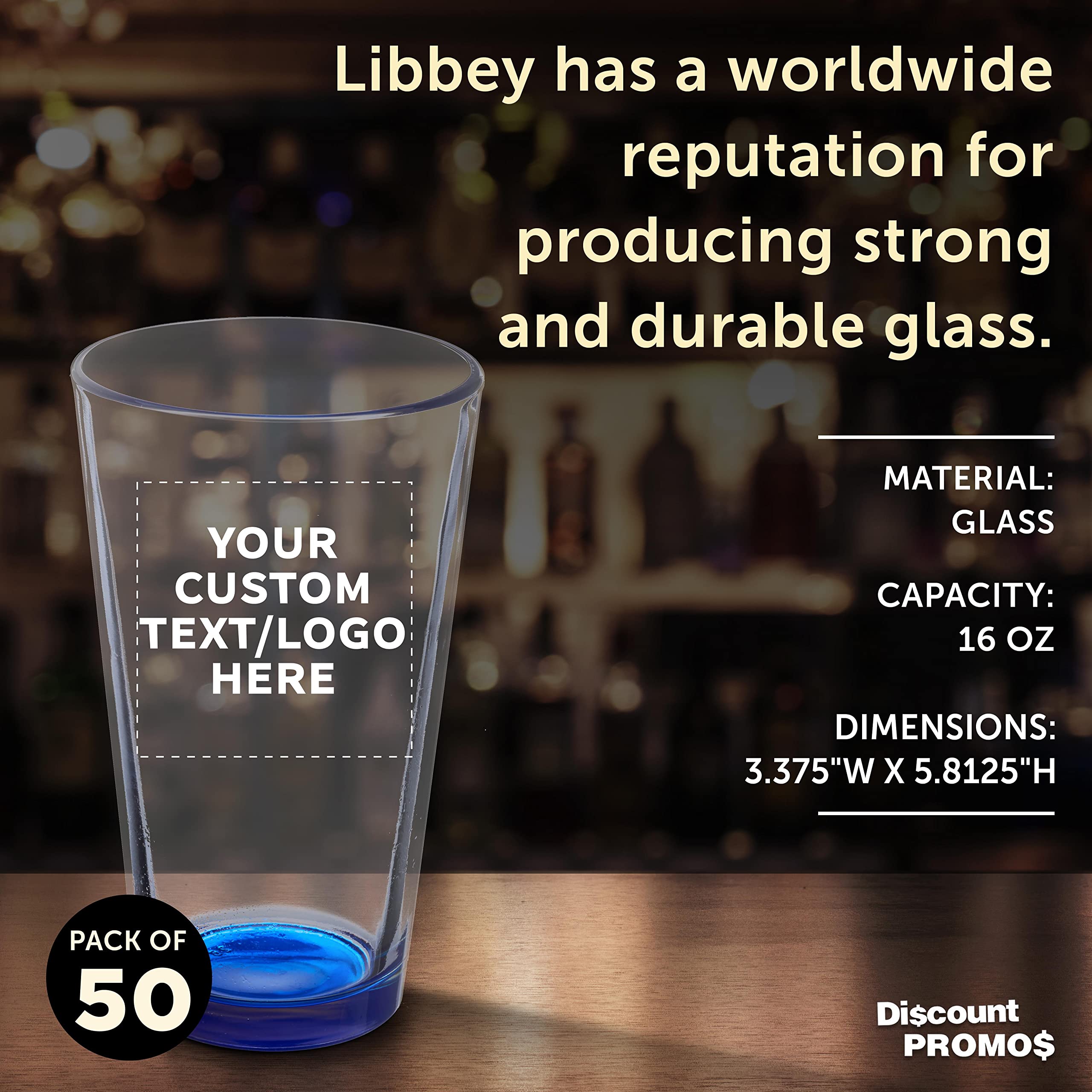Custom Libbey 16 oz Pint Glasses Set of 50 - Personalized Bulk Beer Mugs, Heavy Duty Bar Drinkware in Blue - Perfect for Pubs, Restaurants & Party Favors
