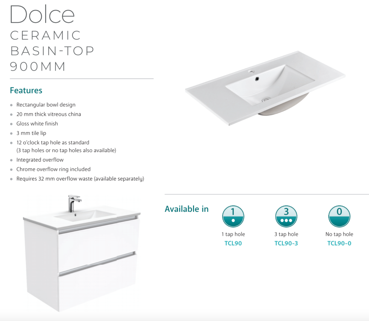 Fienza TCL90RSC Dolce Alina Scandi Oak 900 Wall Mounted Bathroom Vanity - Modern Floating Vanity with Storage for Small Bathrooms & Powder Rooms