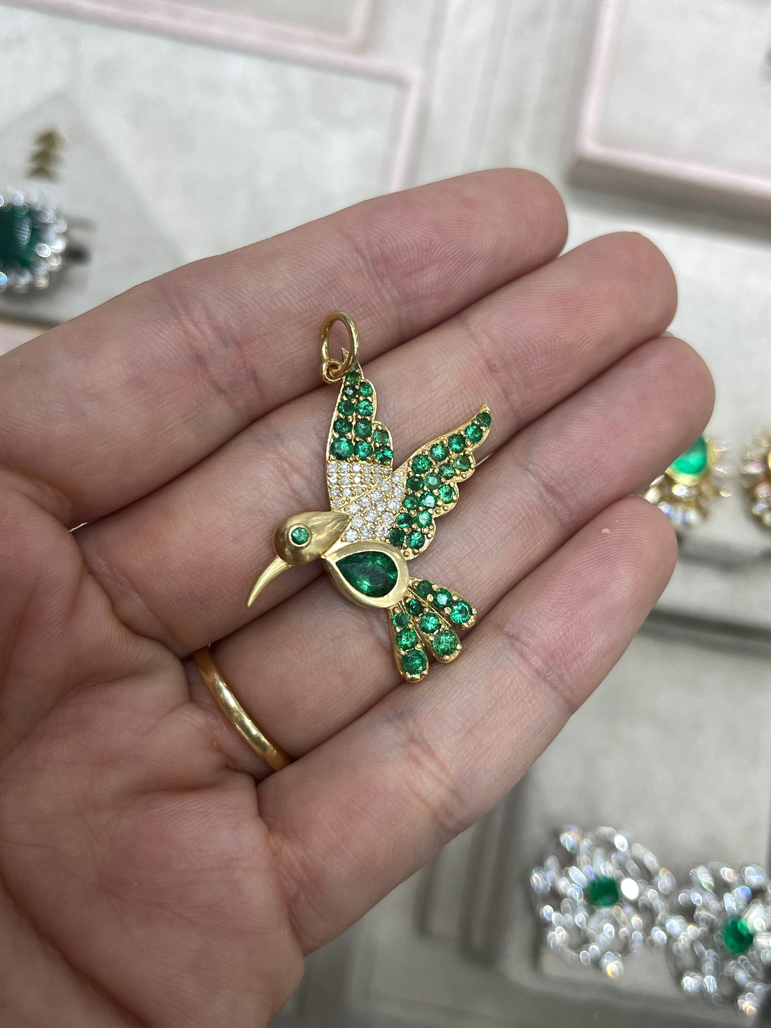 2.16tcw Natural Emerald & Diamond Hummingbird Pendant in 14K Gold - Elegant Jewelry Gift for Women, Perfect for Birthdays, Anniversaries & Special Occasions